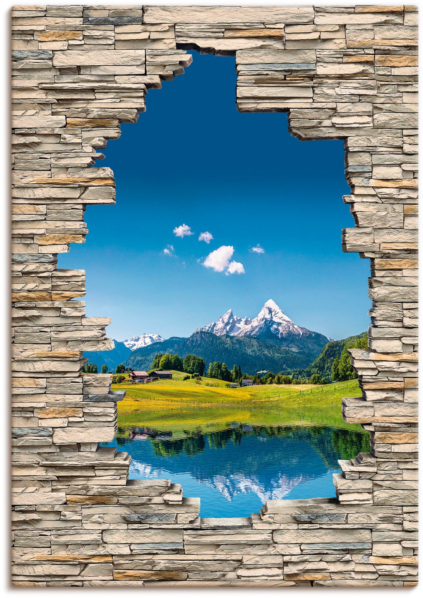 Artland Wandbild Leinwandbild & »Landschaft Alpenbilder, Alpen verschied. als in den (1 Berge St.), Grössen Blick Steinmauer«, in