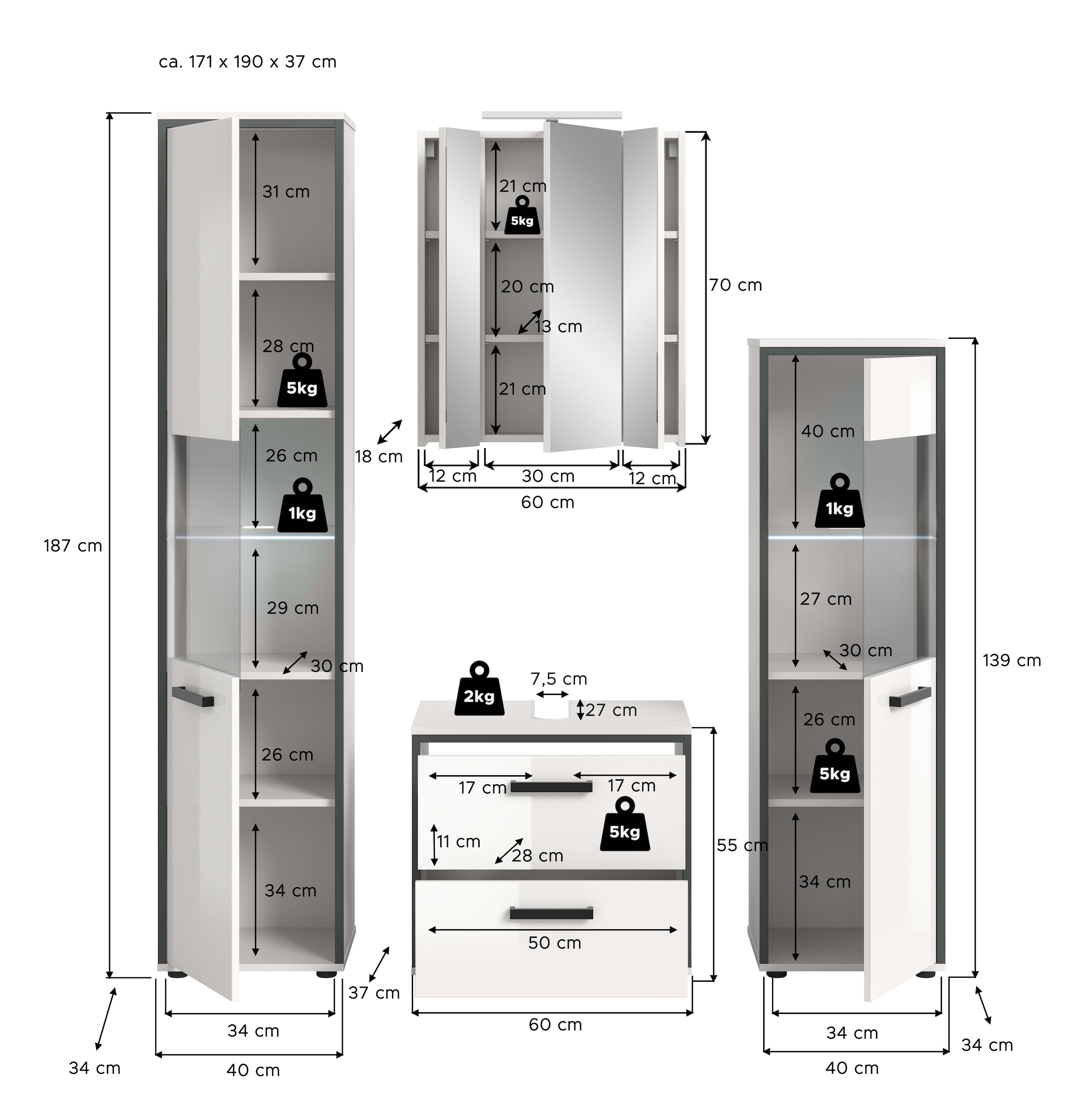 welltime Ensemble de meubles de salle de bain »KAJO, 4-tlg. Badkombination, weiss hochglanz inkl.Beleuchtung« Set, Set, best. aus:Hochschrank,Midischrank,WBU,Spiegelschrank,Beleuchtung, 7 cuis tlg.