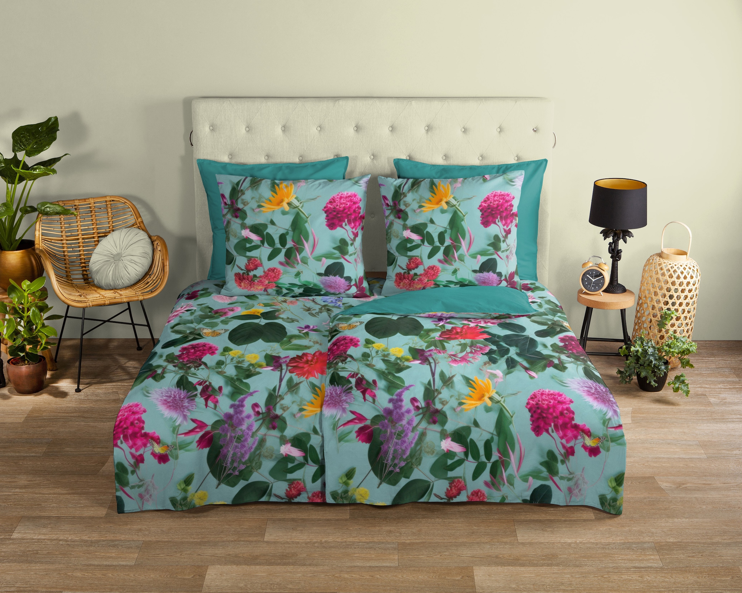 good morning Wendebettwäsche »Imma«, 100% Baumwolle, Renforcé, Reissverschluss, Wendeoptik, Blumen, Aqua