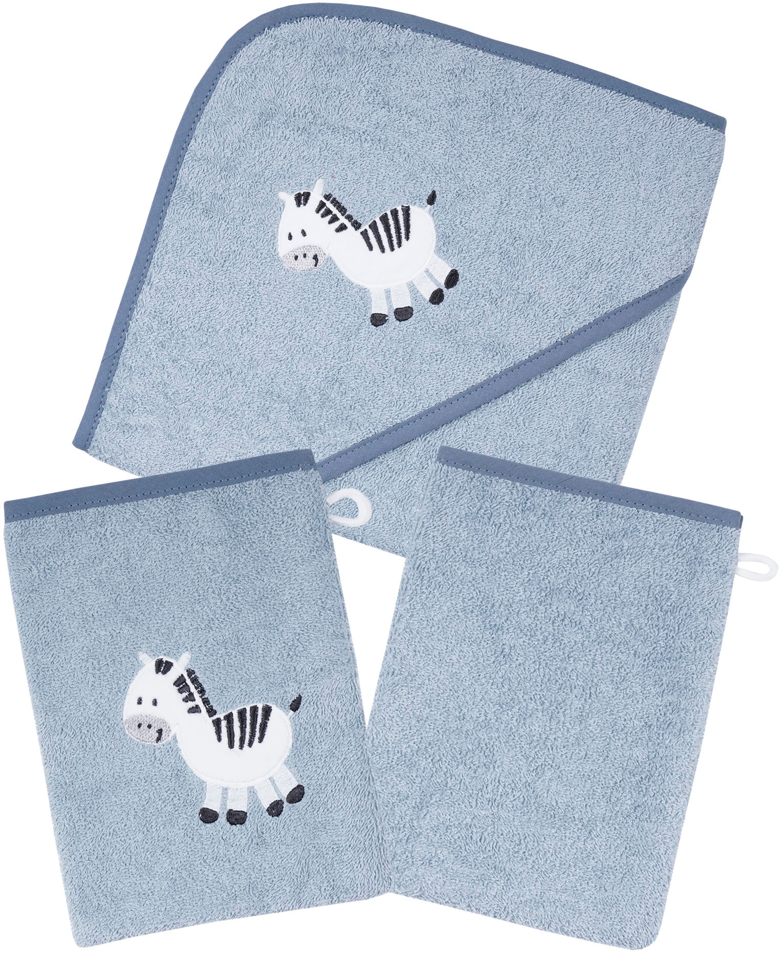 Wörner Handtuch Set »Zebra blau Kapuzenbadetuch mit 2 Waschhandschuhen«, (Spar-Set, 3 St.), mit süsser Zebrastickerei