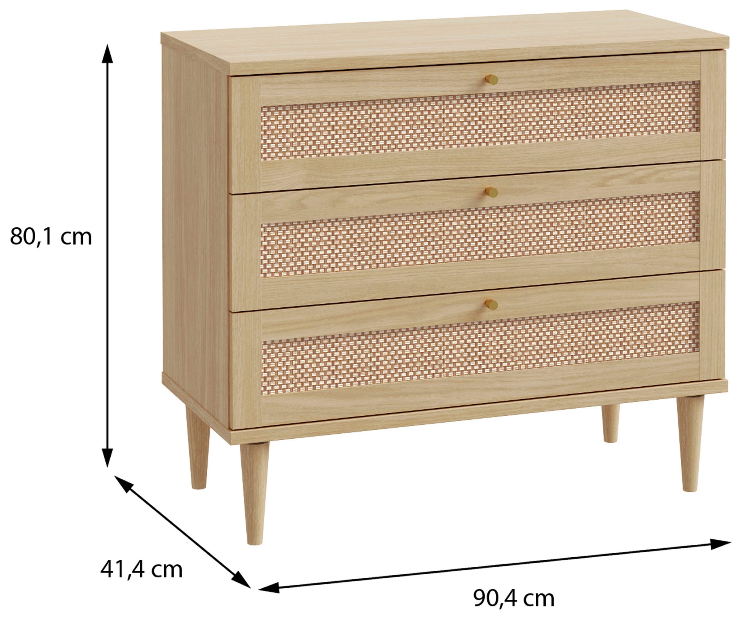 GOODproduct Kommode »ELLIAN mit Geflechtoptik warmes Holzdekor, 3 Schubkästen« Holzfüsse, Metallgriffe, Made in EU, viel Stauraum