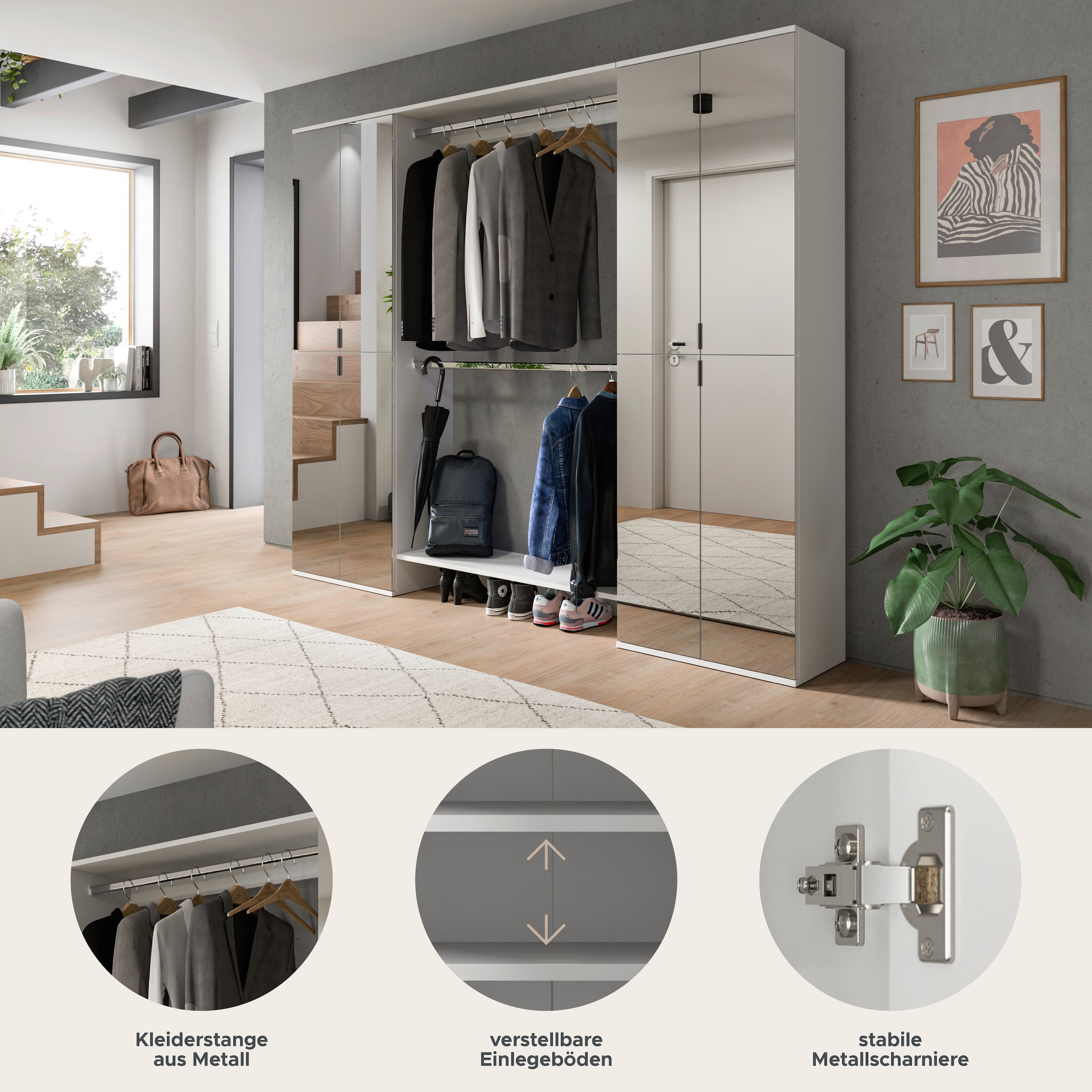 INOSIGN Garderoben-Set »Trondheim, Garderobenset 3-tlg. Breite 232 cm,«, (3 St.), best. aus: 2x Spiegelschrank, 2 Kleiderstanden, Flur, Diele