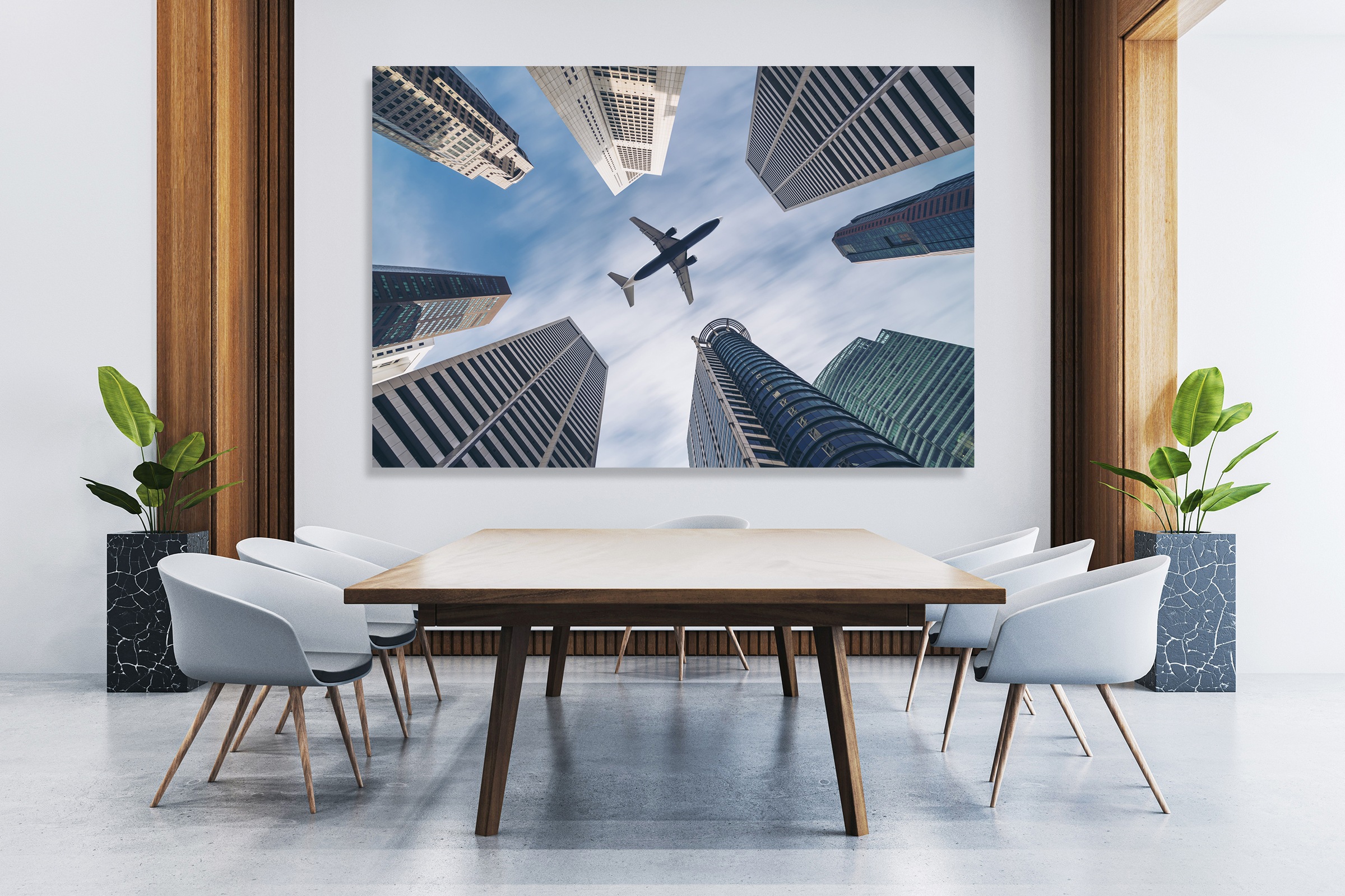 Image of queence XXL-Wandbild "Akustikbild Flugzeug Wolkenkratzer" Architektonische Elemente Flugzeuge Frankfurt am Main Gebäude Himmel Himmelsbilder 1 Stk. tlg. Einfache Akustiklösung ohne Baumassnahme, Schalldämmung, Paneele