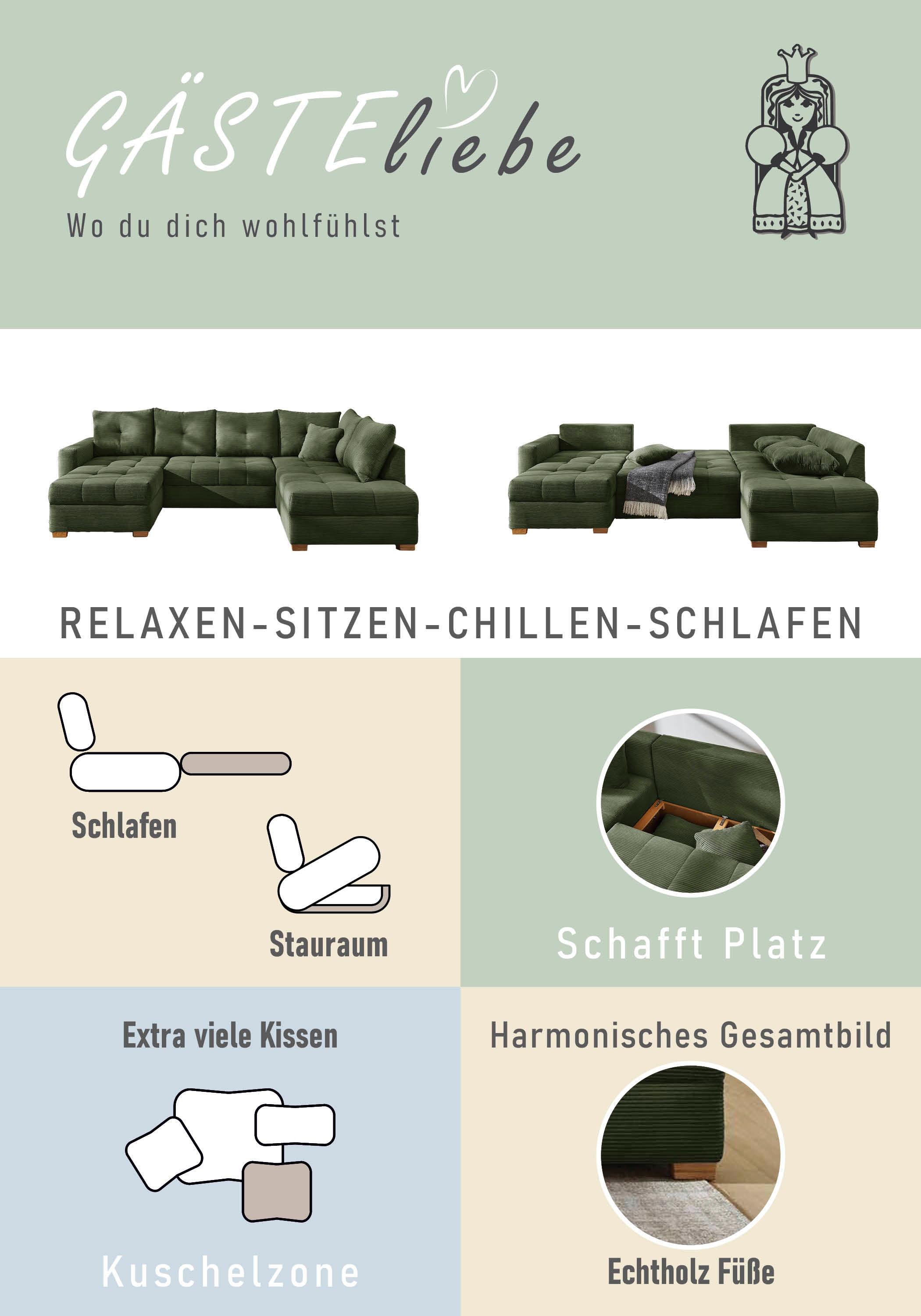 Jockenhöfer Gruppe »Abby U-Form, B: 313 cm, inkl. Schlaffunktion« avec coffre de lit, grande surface de couchage 273x147cm, pieds en bois massif