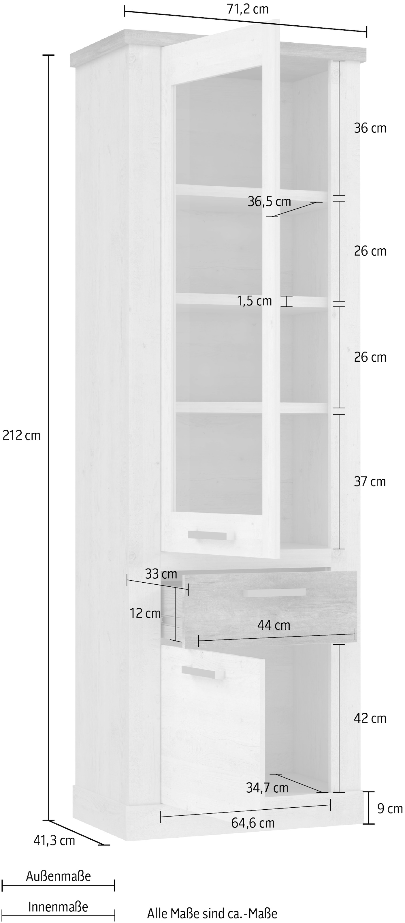 FORTE Vitrine »Duro« Höhe 212 cm, Glasvitrine mit Schublade, im Landhausstil