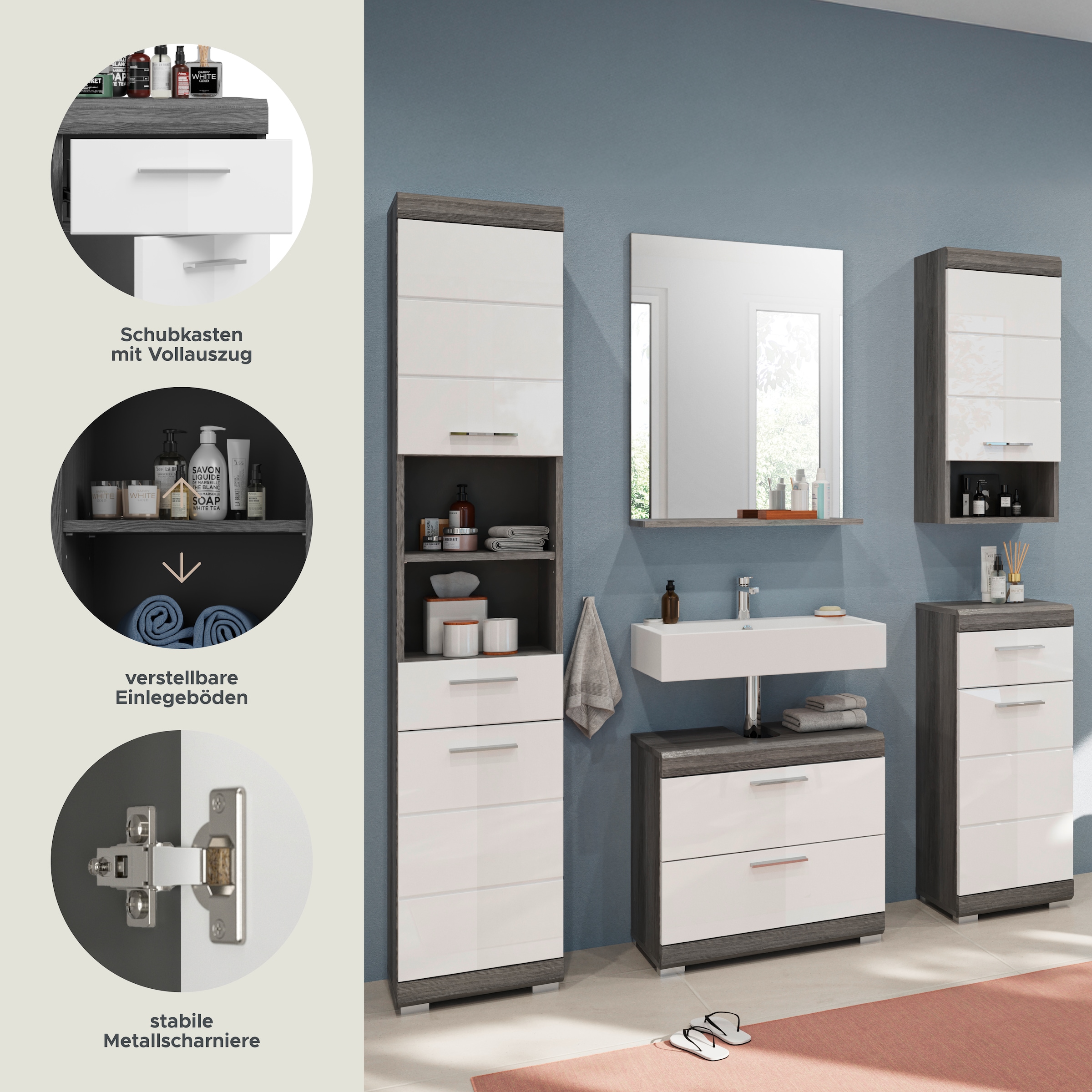 INOSIGN Badmöbel-Set »Siena, 5 teilig, bestehend aus:«, (Set, 5 St.), Hochschrank, WBU, Spiegel, Unterschrank, Hängeschrank