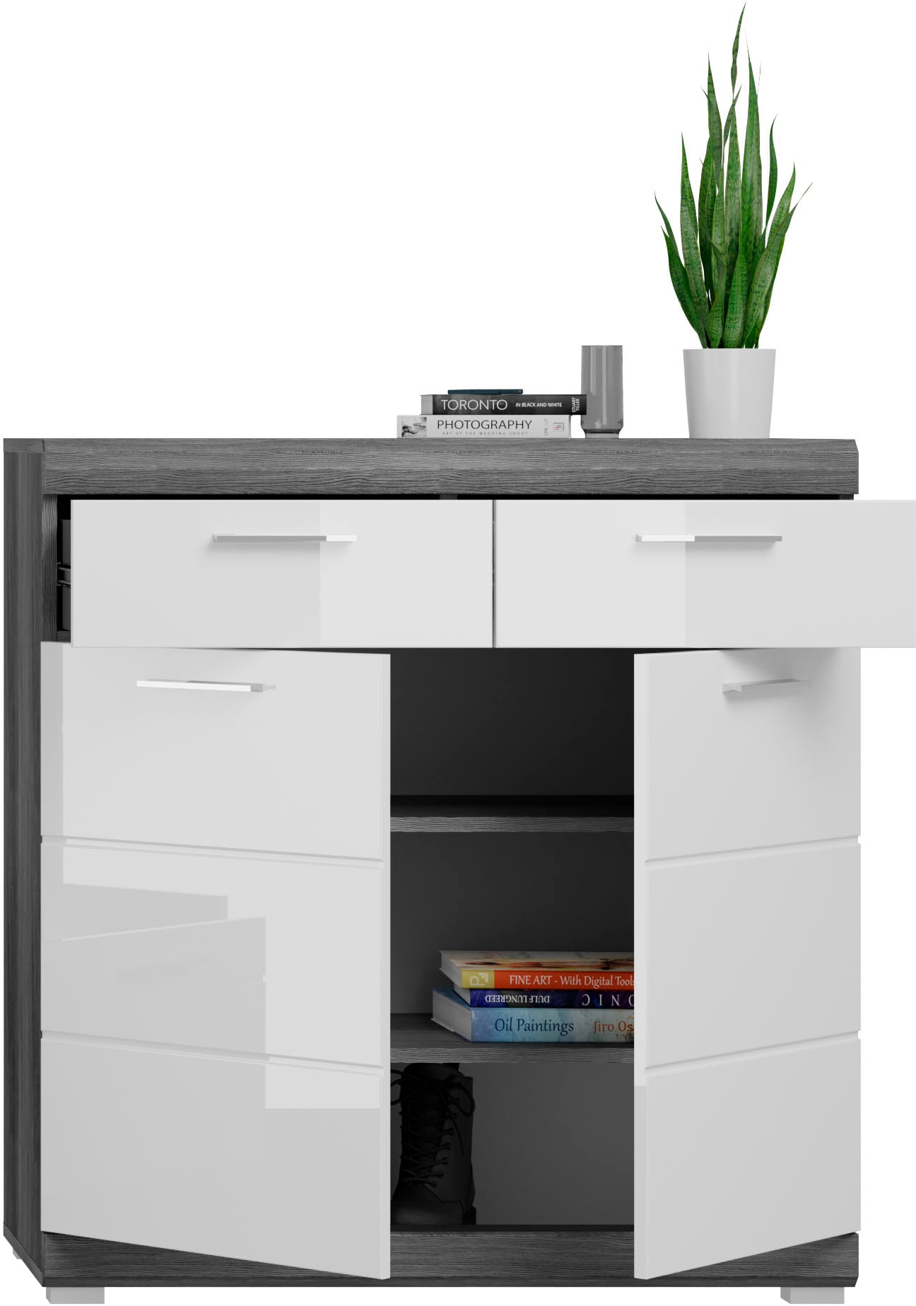 INOSIGN Schuhschrank »Siena, Breite 90 cm, 2 Türen, 2 Einlegeböden, 3 Fächer, 2 Schubkästen«, Front-Rillenfräsung, Schuhkommode, Kommode, Anrichte, Sideboard