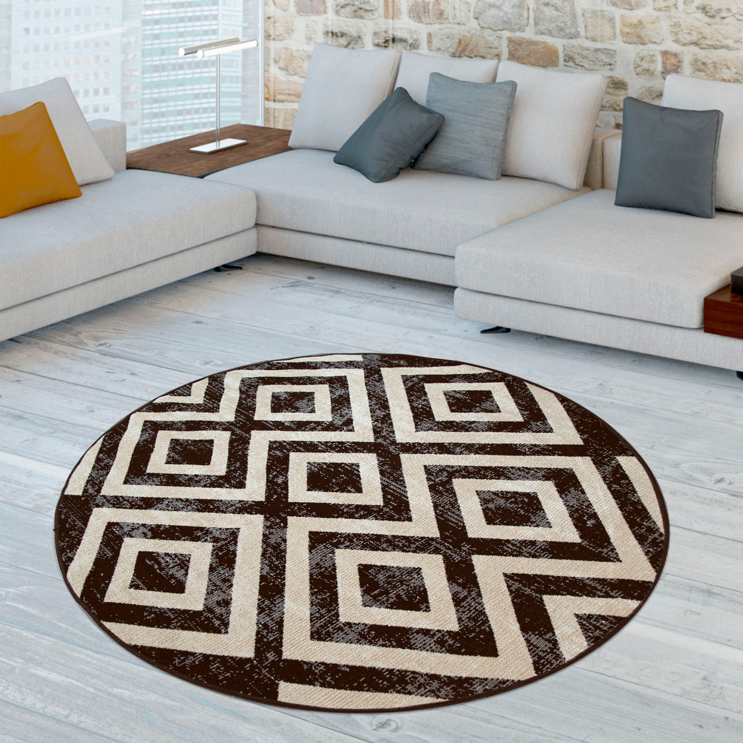 Image of andas Teppich »Pocova«, rund, 7 mm Höhe, Kurzflor, Vintage Design, modernes Rauten Muster, Wohnzimmer, In- und Outdoor geeignet, ideal auf Terrasse oder Balkon bei Ackermann Versand Schweiz