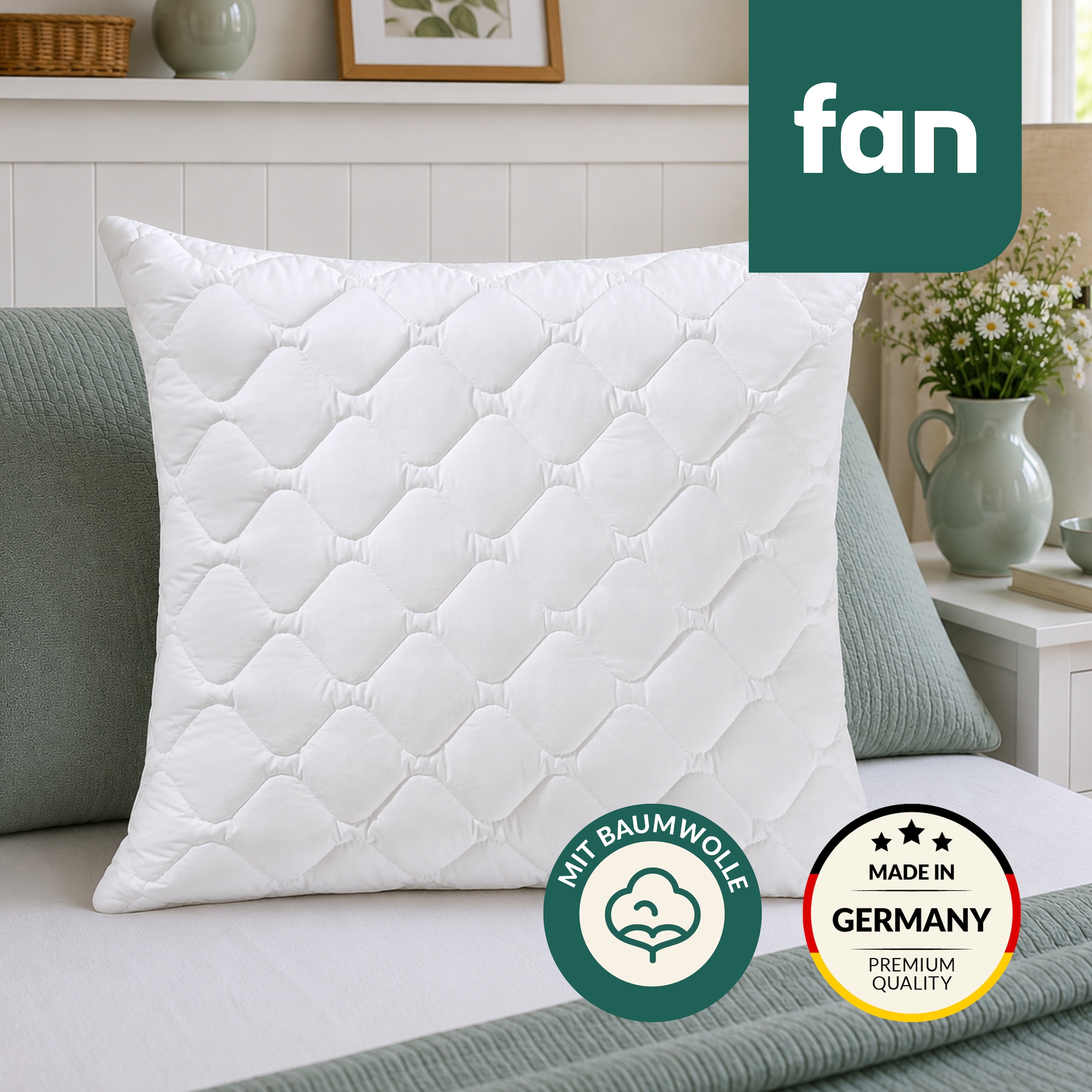 Image of fan "Kansas, mit Baumwollbezug und Reissverschluss" Füllung: 100% Microfaser 1 Stk. tlg. in 40x80 oder 80x80 cm, Kopfkissen aus Microfaser, Made in Germany
