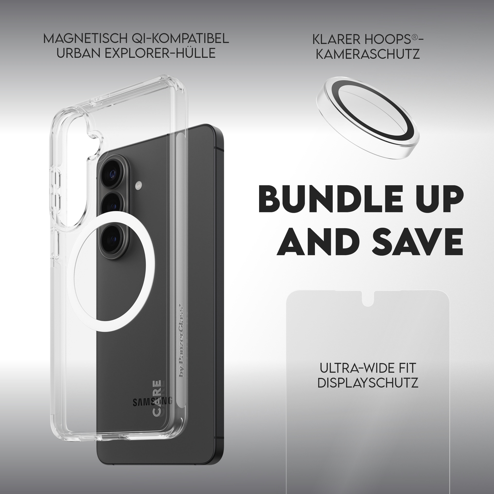 CARE by PanzerGlass Displayschutzglas »3-in-1 Protection Explorer Bundle« für Samsung Galaxy S26 Displayschutzfolie, Schutzfolie, Bildschirmschutz, kratz- & stossfest