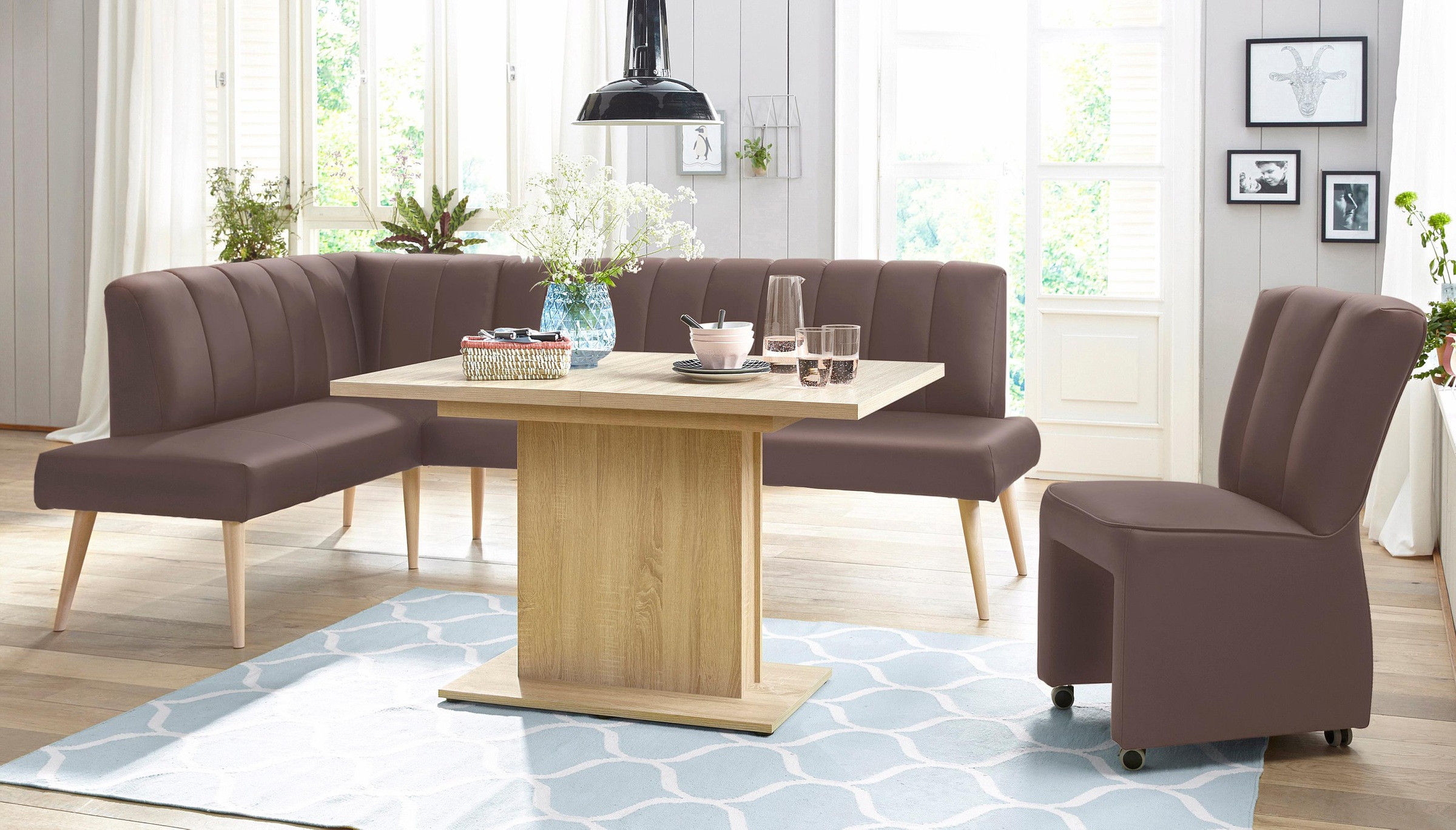 exxpo - sofa fashion Eckbank »Costa, moderne Rückensteppung, bequem und elegant, hoher Holzfuss«, hochwertig verarbeitet, Frei im Raum stellbar