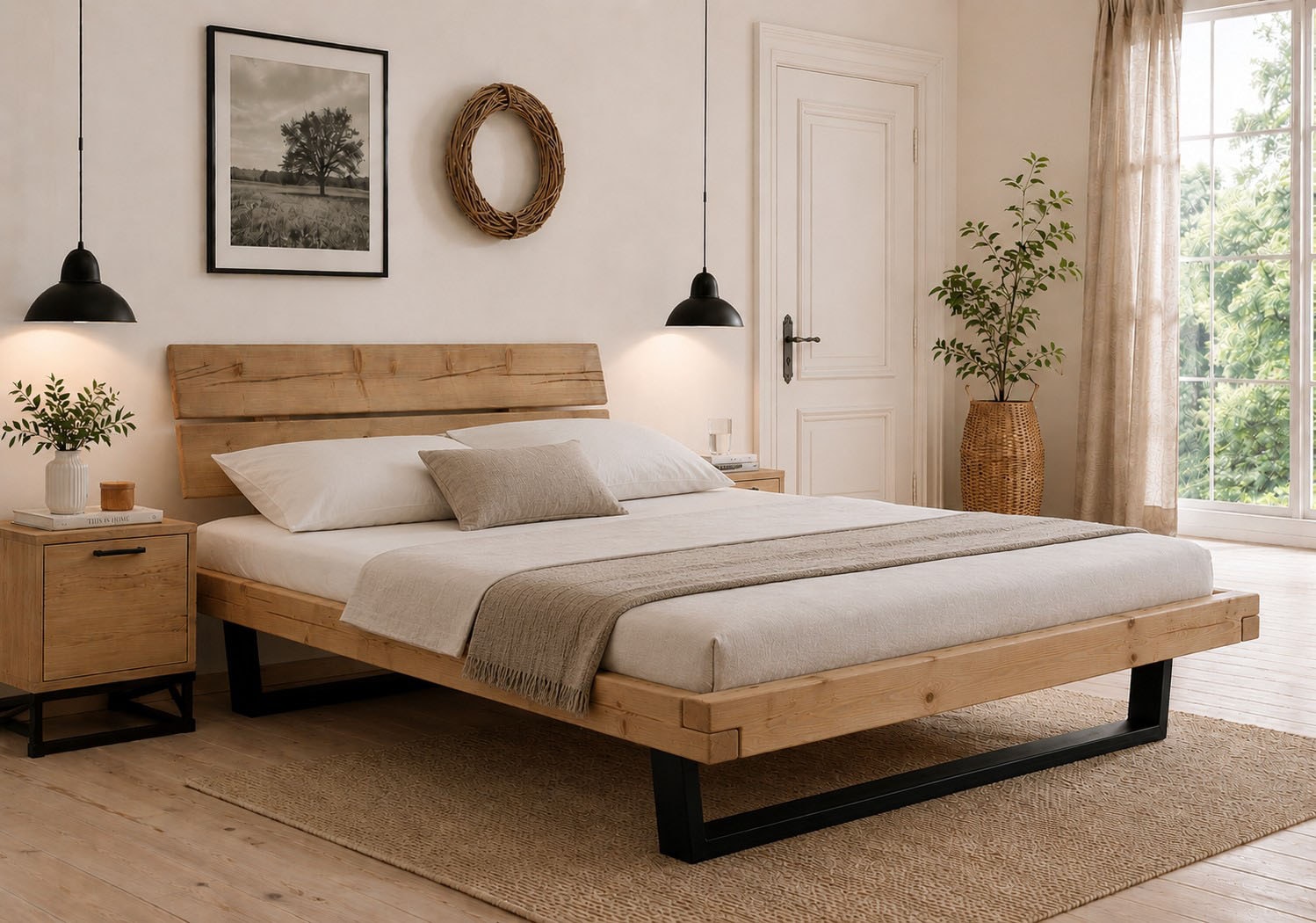 GOODproduct Lit en bois massif »Ultima Balkenbett Doppelbett, Füsse Metallkufe« Haute capacité : 200 kg par côté,  Chêne sauvage ou épicéa certifié FSC®, plusieurs largeurs au choix