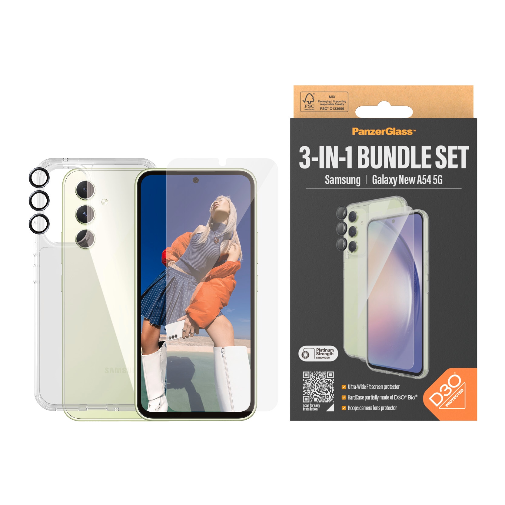Image of PanzerGlass Displayschutzglas "3-in-1 Bundle Set für Samsung Galaxy A54 5G, UWF" für Samsung Galaxy A54 5G