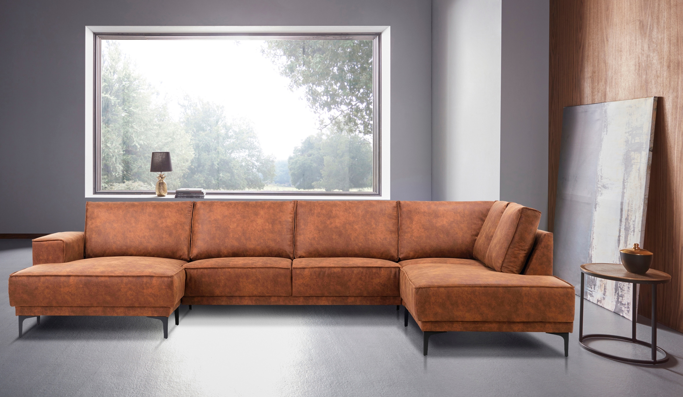 Places of Style Wohnlandschaft »XXL Sofa Oland, Struktur, Flachgewebe, Luxus-Microfaser, Boucle«, U-Form, 345 cm, Wellenunterfederung, Skandi-Design, Metallfüsse