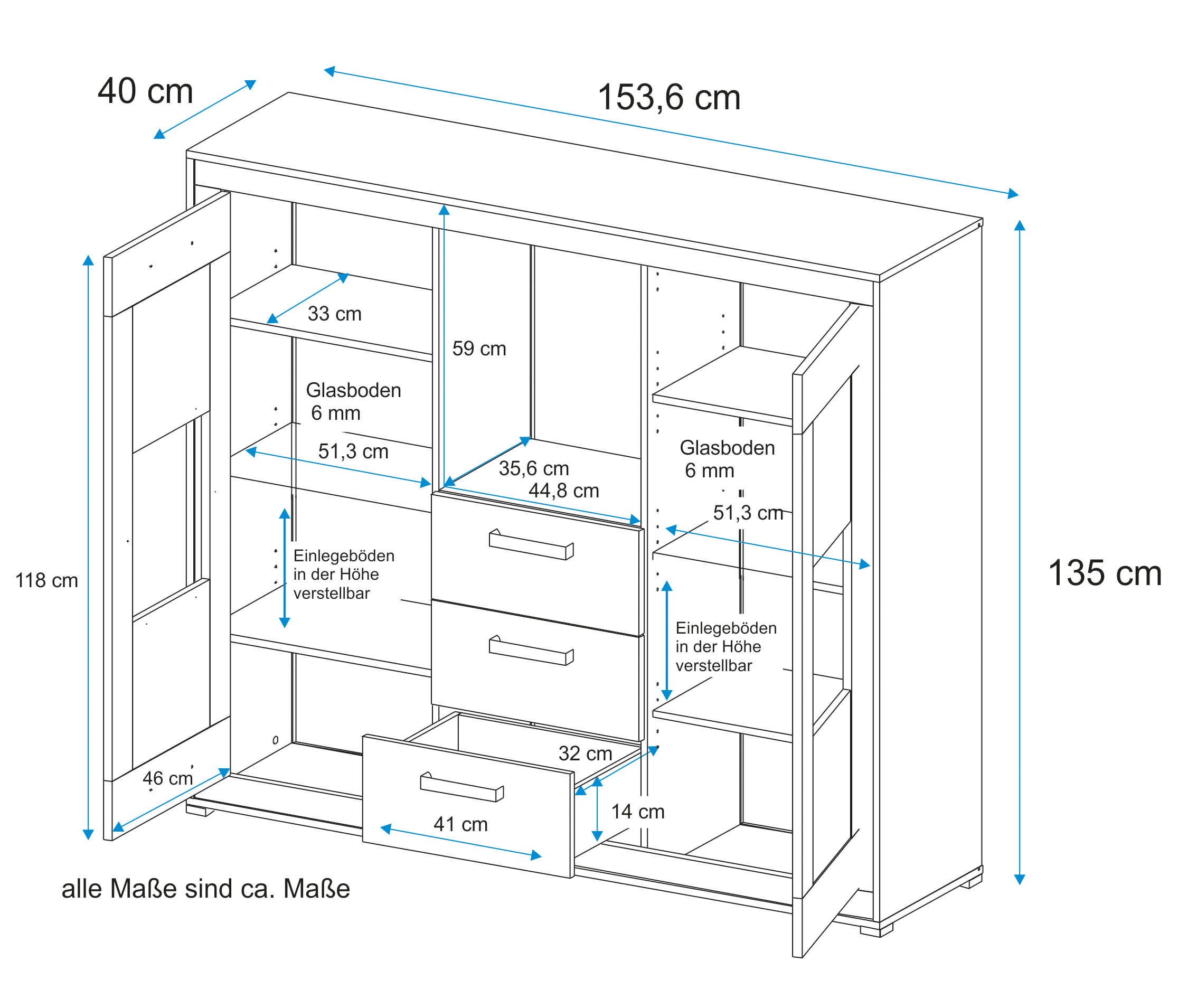 VOGL Möbelfabrik Highboard, Breite 154 cm, Teilmassivholz, Made in Germany