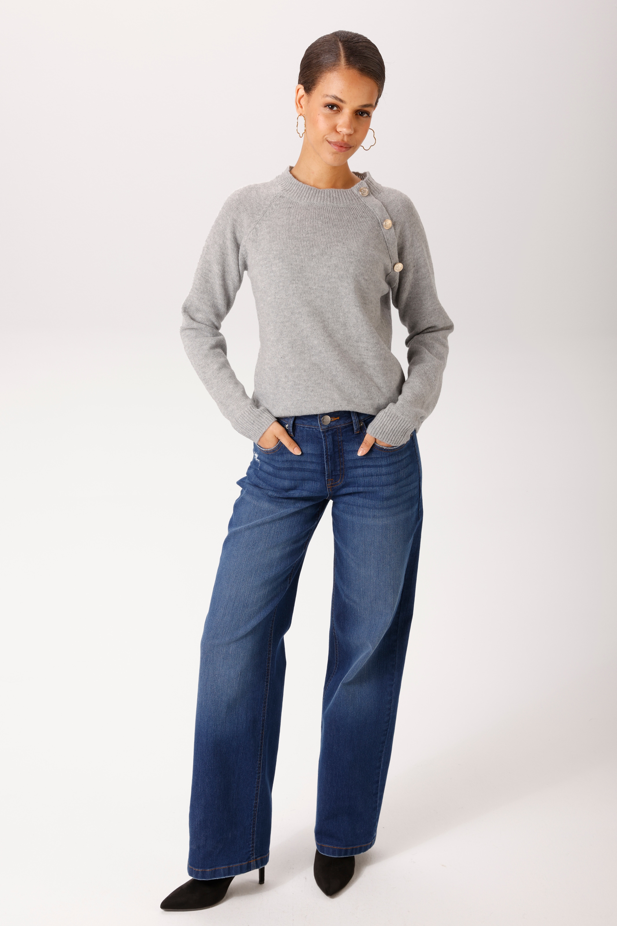 Aniston CASUAL Pull en tricot avec boutons décoratifs embossés - NOUVELLE COLLECTION