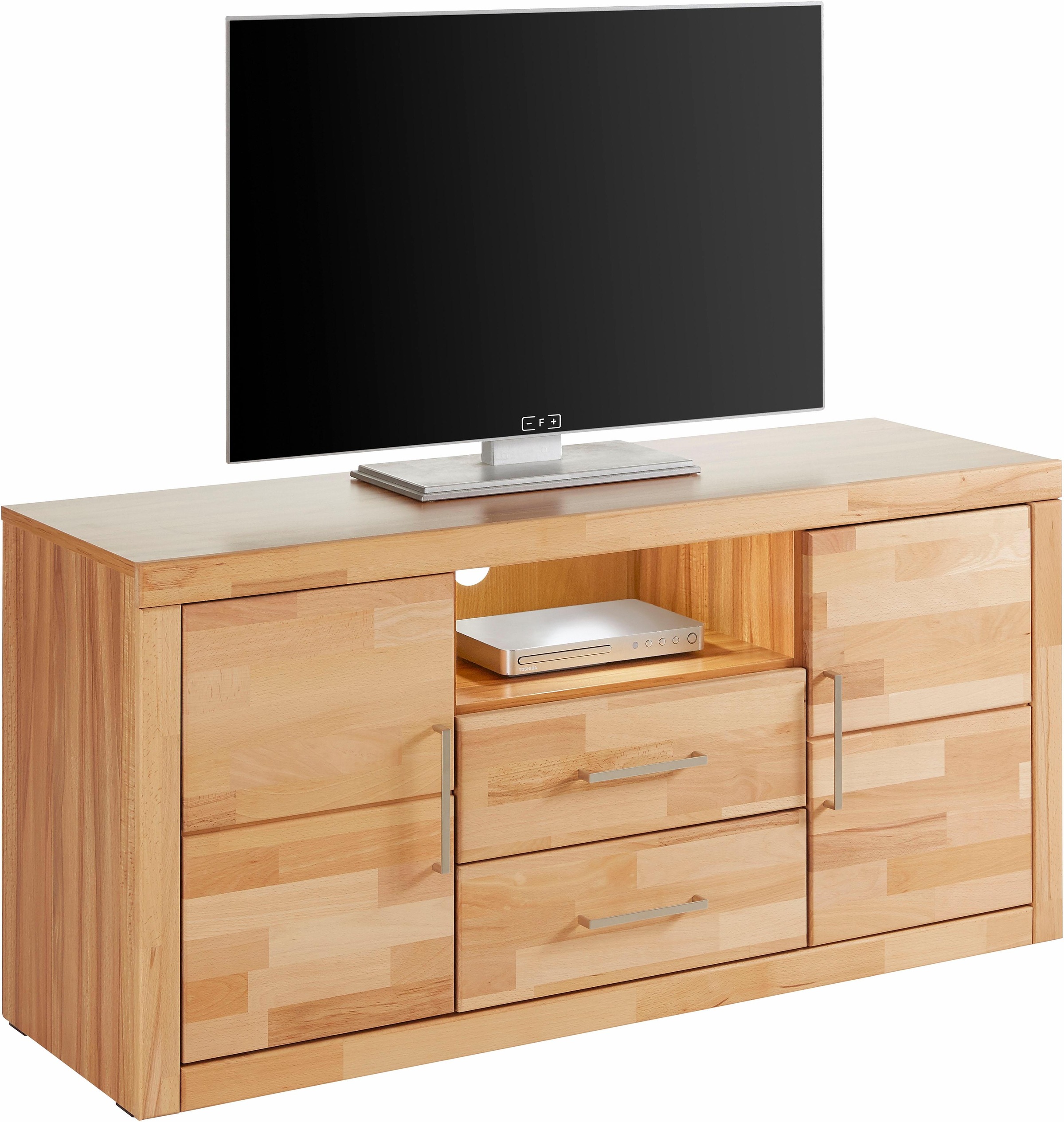 Image of GOODproduct Lowboard "Logo,130cm breit, Fronten Massivholz,5 Fächer" Holz massiv, Holzwerkstoff, Metall Griffe,2 Türen,2 Schubladen