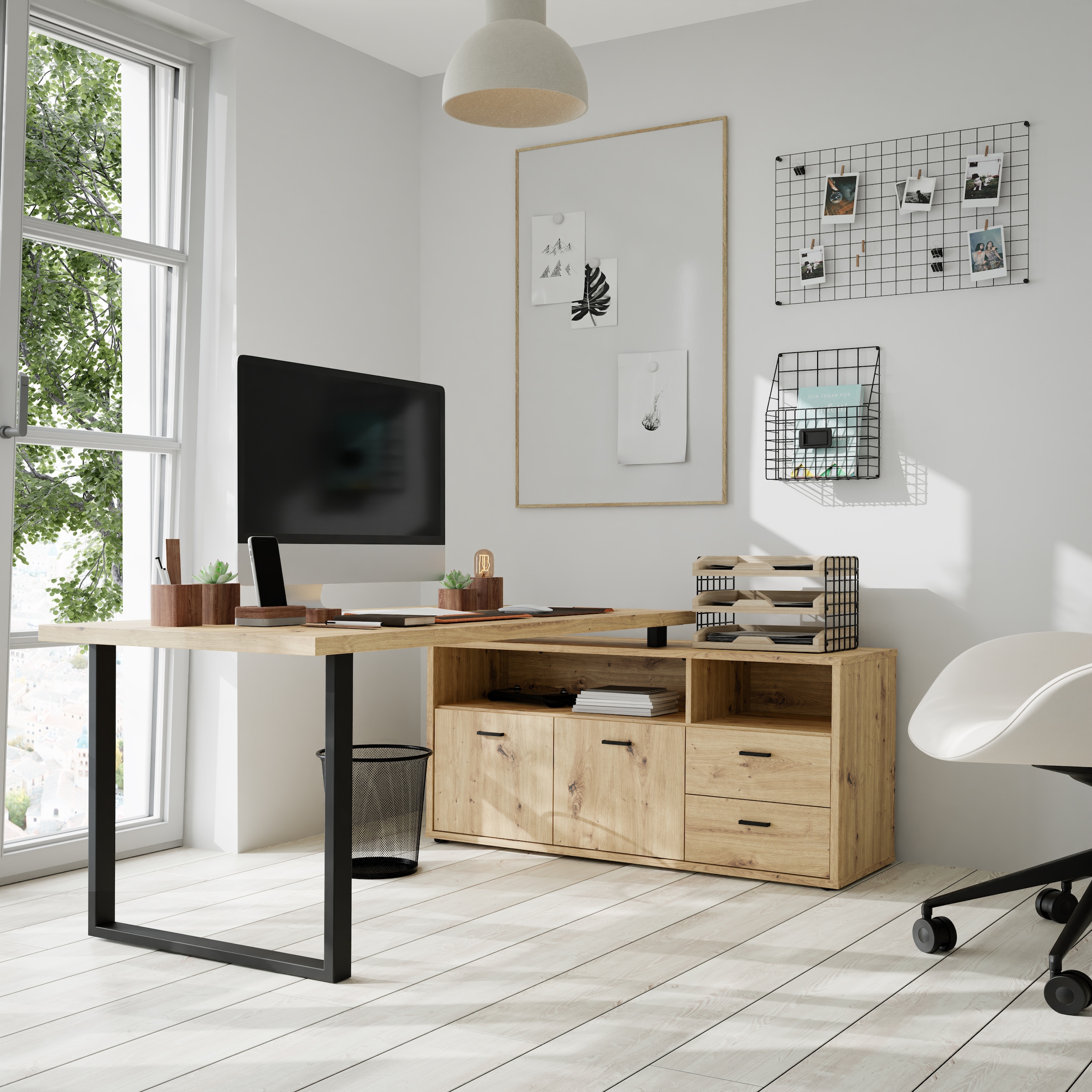 FORTE Bureau d'angle »Goldsboro« avec 2 tiroirs & portes, patins et poignées en métal noir, 124x181 cm