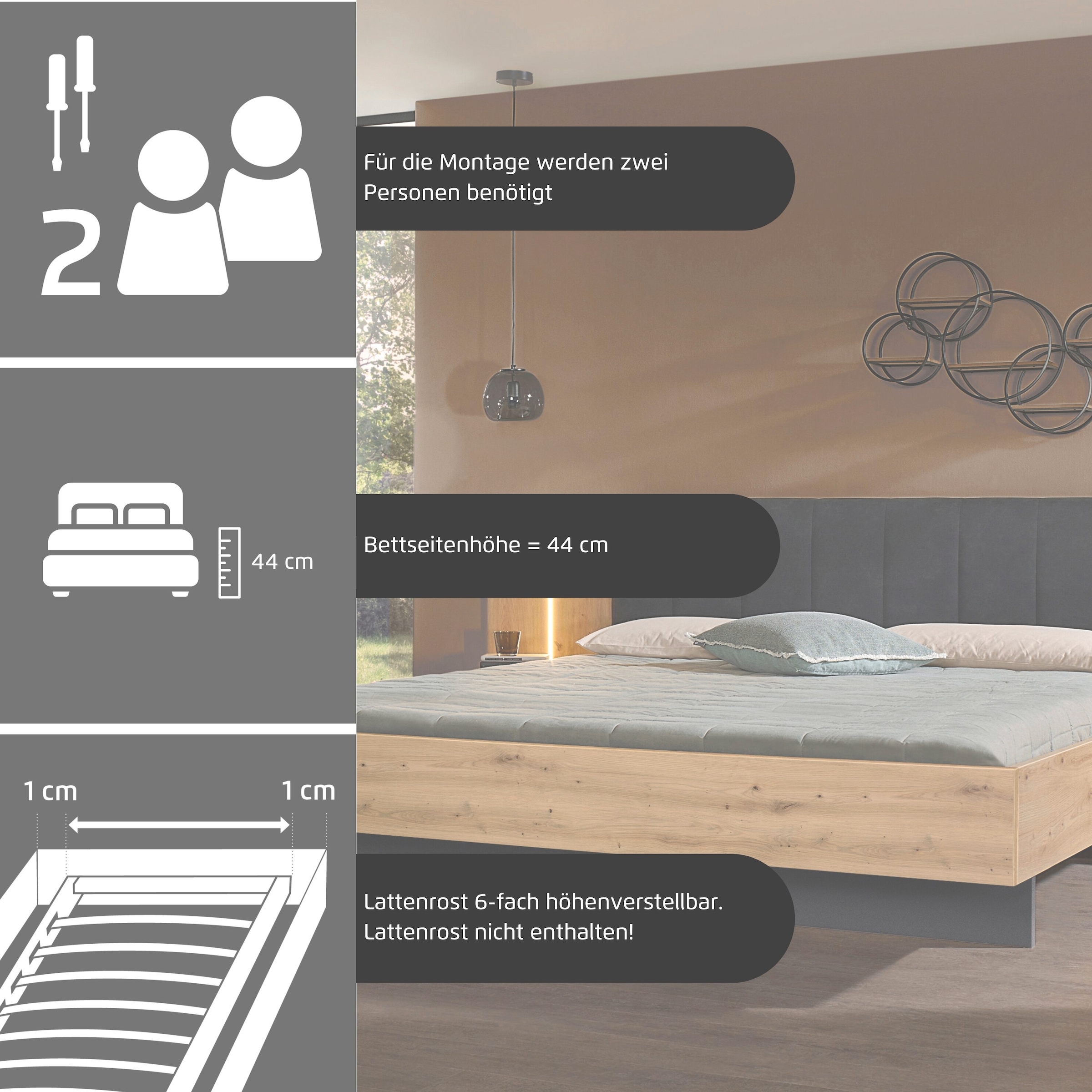 rauch Ensemble de lit »Bett Doppelbett Komfortbett Funktionsbett APOLLON« Surface de couchage 180x200, option avec banc de lit et rangement, 3 pièces tlg. tête de lit rembourrée en imitation cuir noir, 2 tables de nuit FABRIQUÉ EN ALLEMAGNE