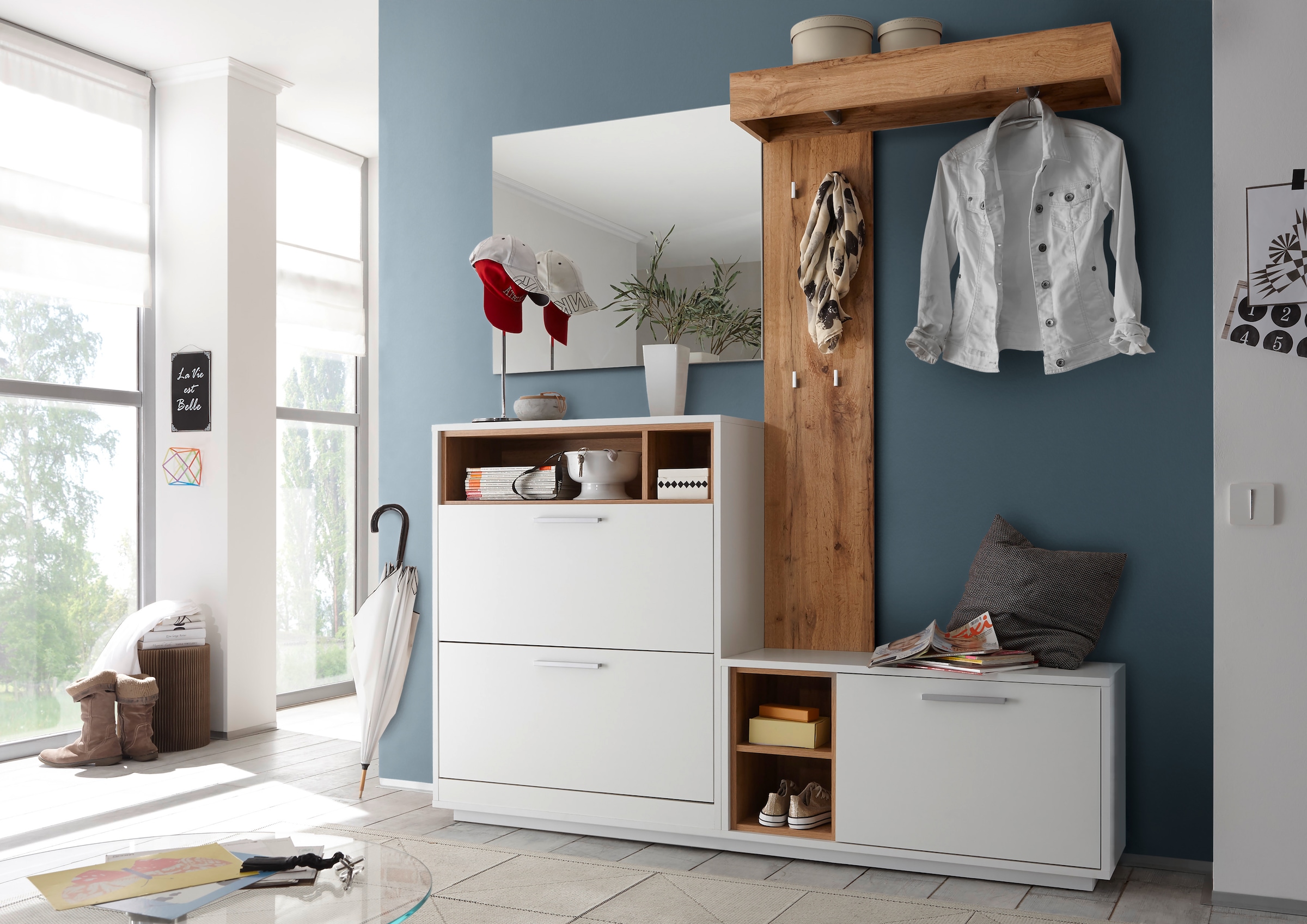 Image of HBZ Kompaktgarderobe "Milano mit Spiegel, BxHxT 177x195x32 cm" 1 Stk. tlg. Mit Schuhkommode, Paneel, Bank und Spiegel