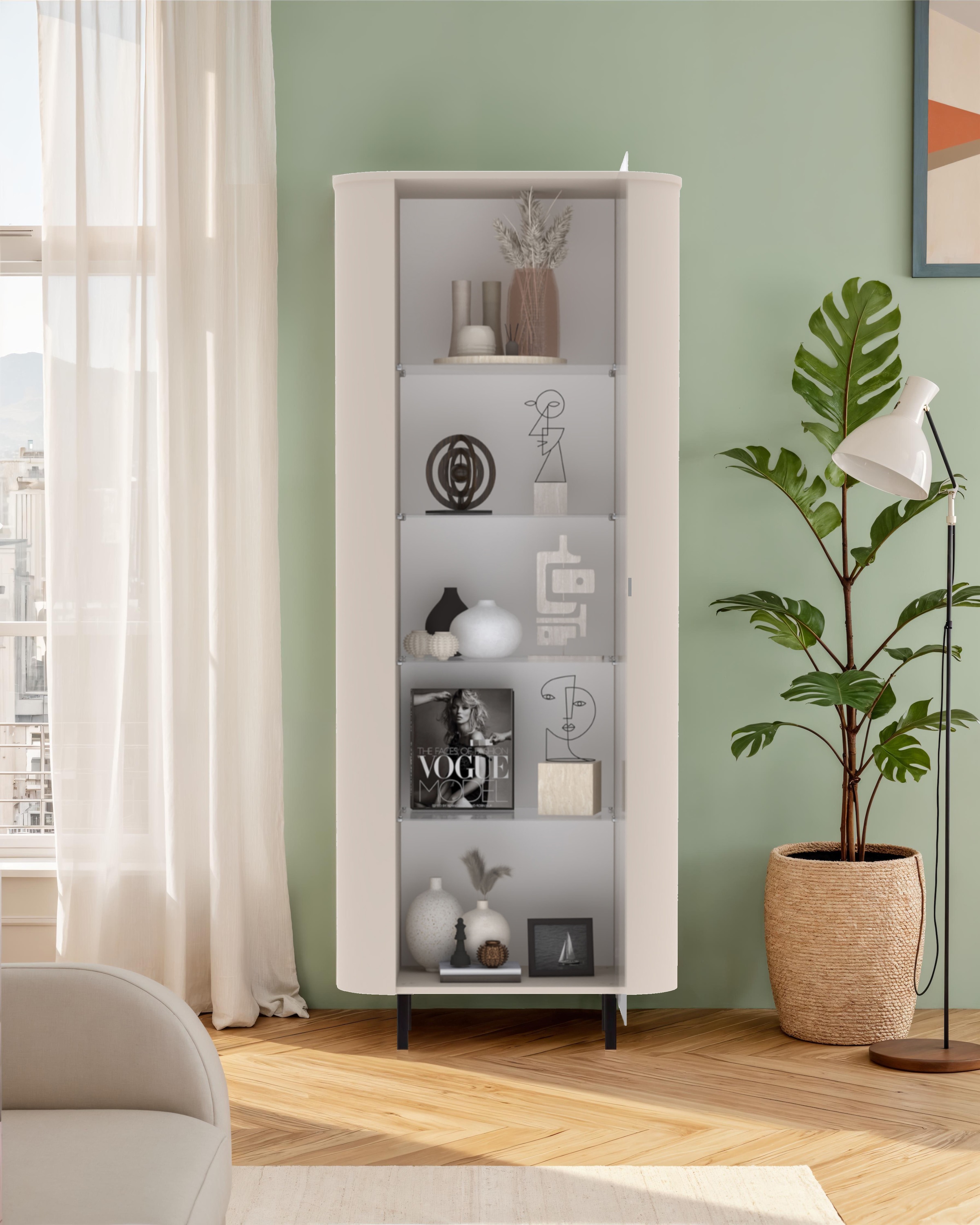 Image of GOODproduct Vitrine "Lido, Standvitrine 200 cm hoch, 1 Tür, Glasvitrine, Vitrinenschrank" Gebogenes MDF, Stirnseiten mit Rundung, Metallfüsse, dekorativ & edel