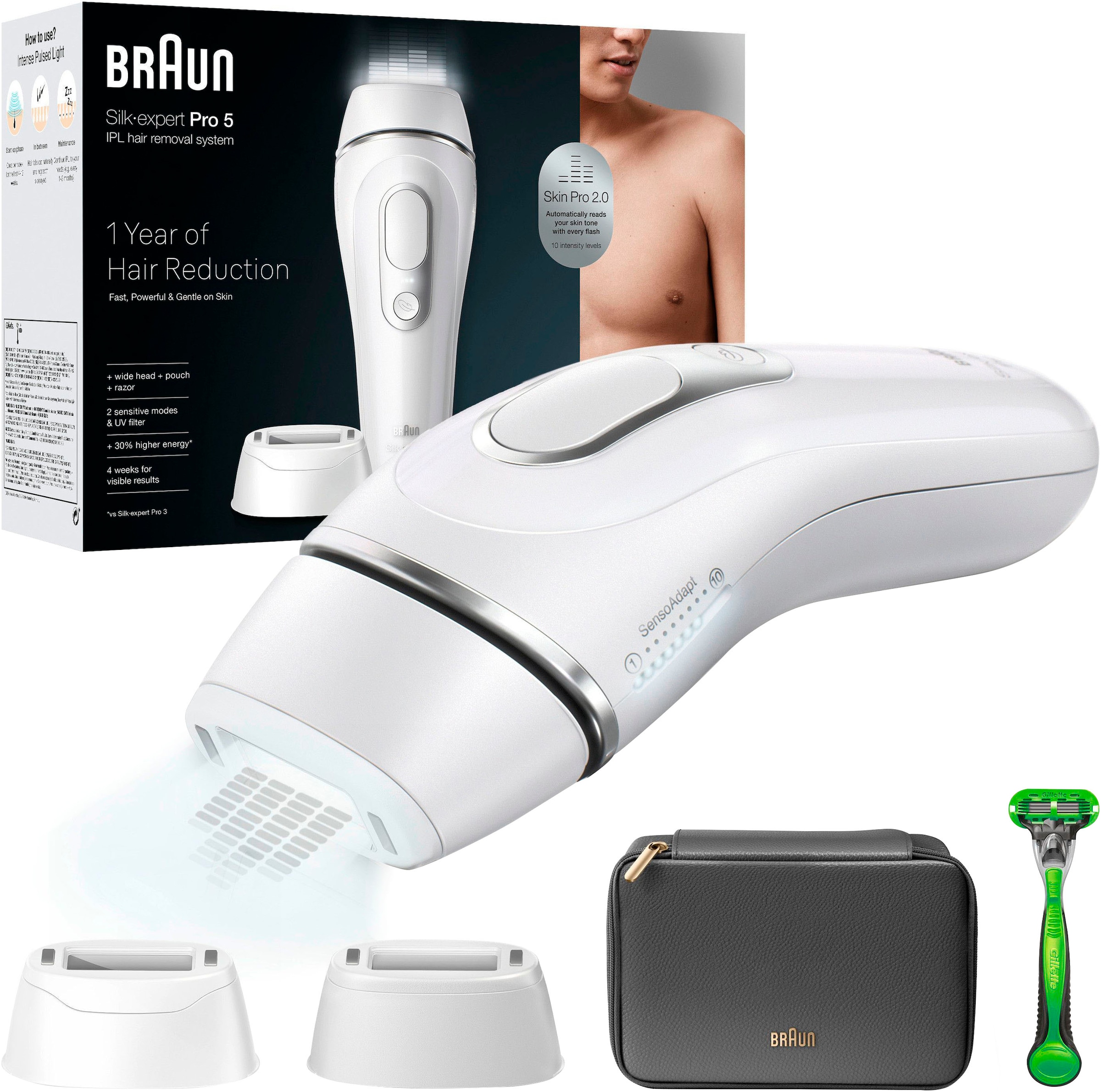 Image of Braun IPL-Haarentferner "Silk·expert Pro 5 PL5145" pro Minute bis zu 125 Lichtimpulse für Männer, 2 Aufsätze & 1 Gillette Rasierer, Aufbewahrungstasche