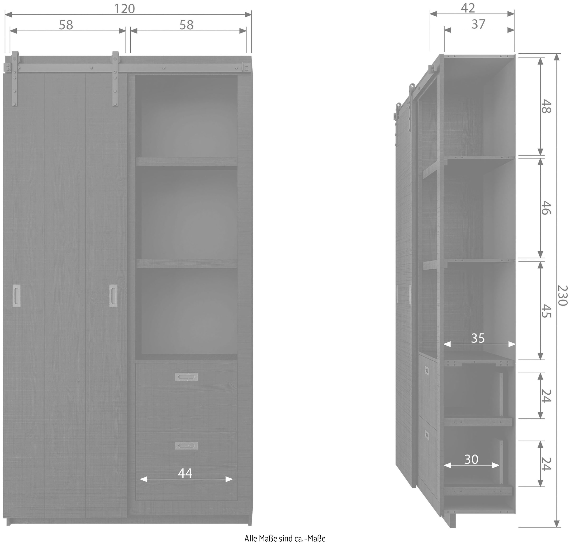 WOOOD Vitrine »Slide Barn FSC®-Kiefernholz bandsägerauh, H 230 x B 122 x T 37 cm« Metallschiene für Schiebetür, lackierte Oberfläche, pfleigleicht