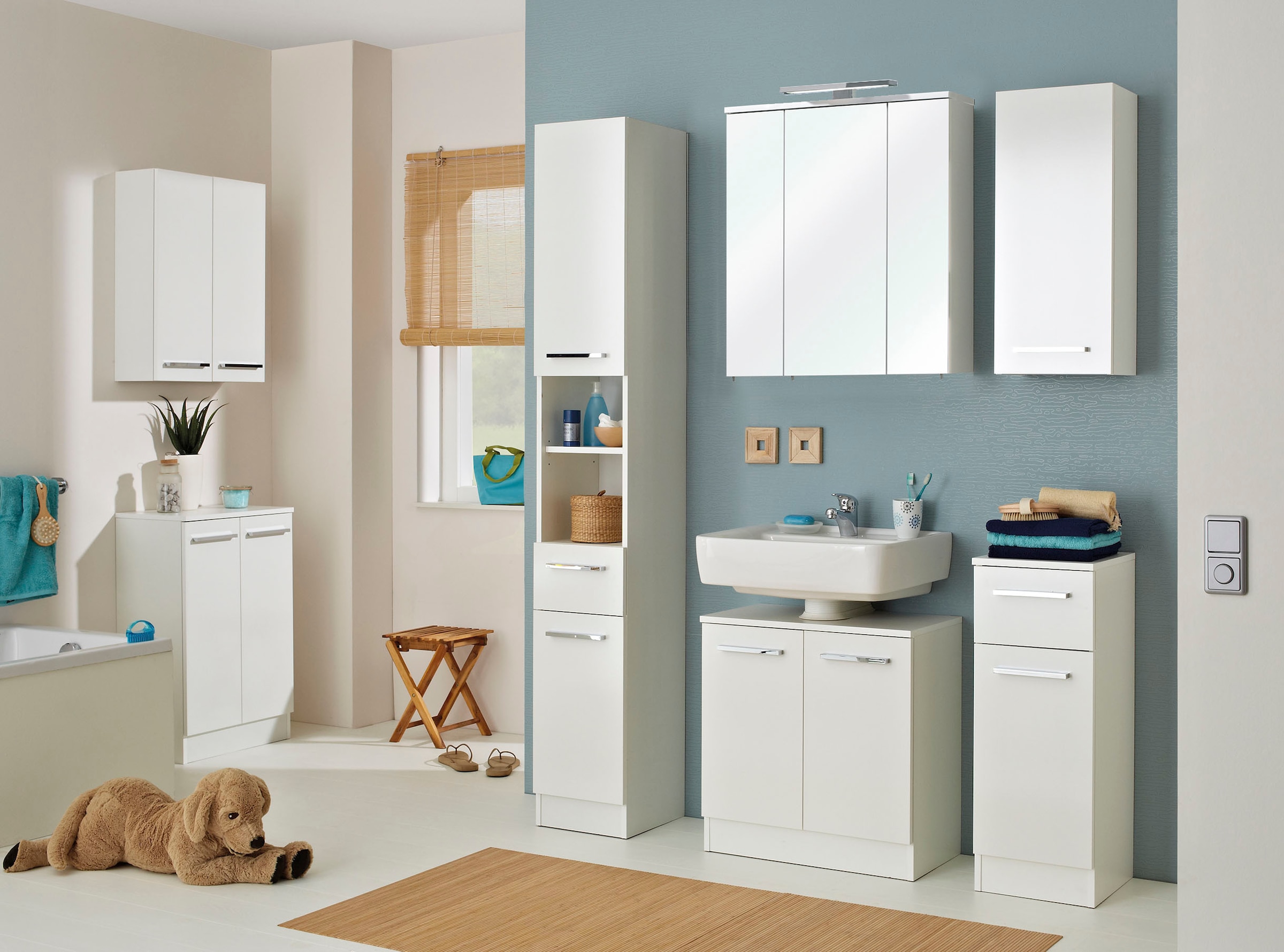 Saphir Armoire basse »Quickset 335 Badschrank, 2 Türen, 1 Einlegeboden, 50 cm breit« meuble sous lavabo, blanc brillant, poignées chromées brillantes