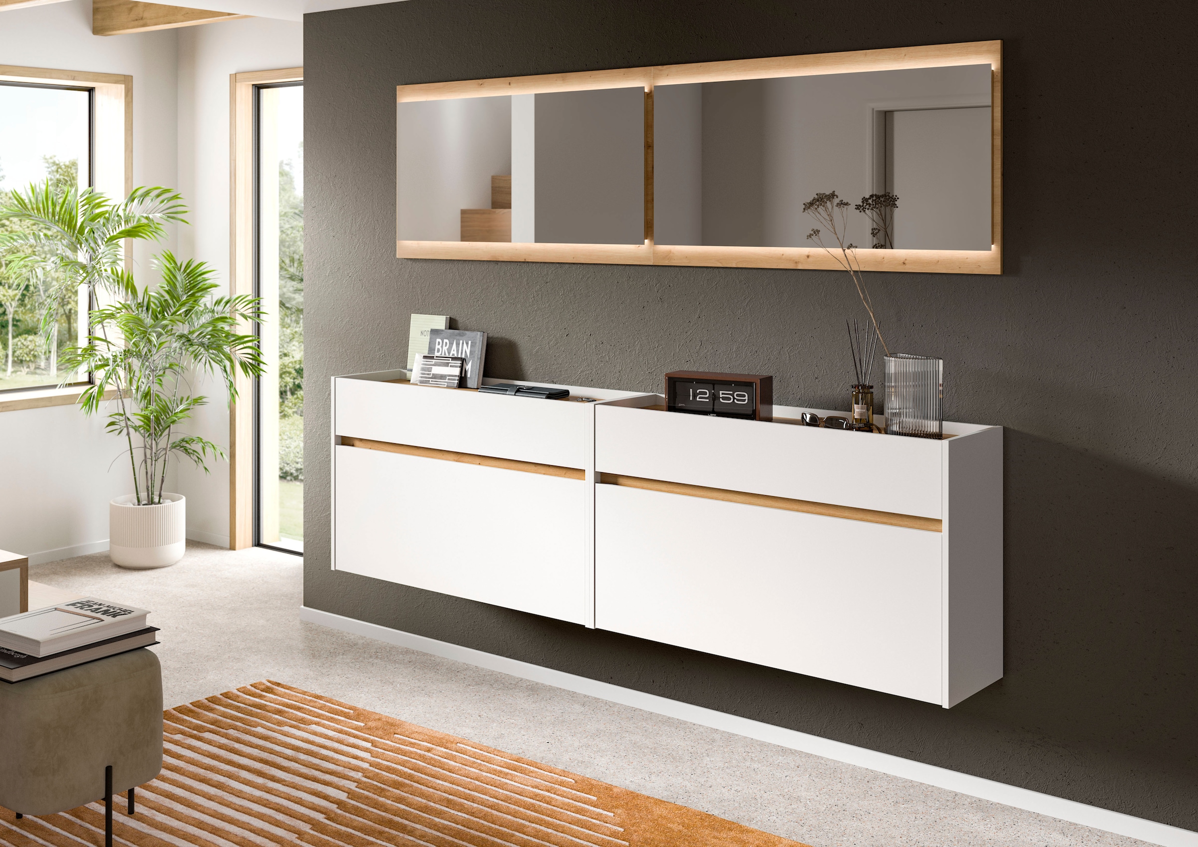 Home affaire Ensemble de vestiaires »EVRID, 4-teilig, Breite 220 cm, inkl. Beleuchtung« best. aus: 2x Kommode und 2x Spiegel, 4 cuis tlg.