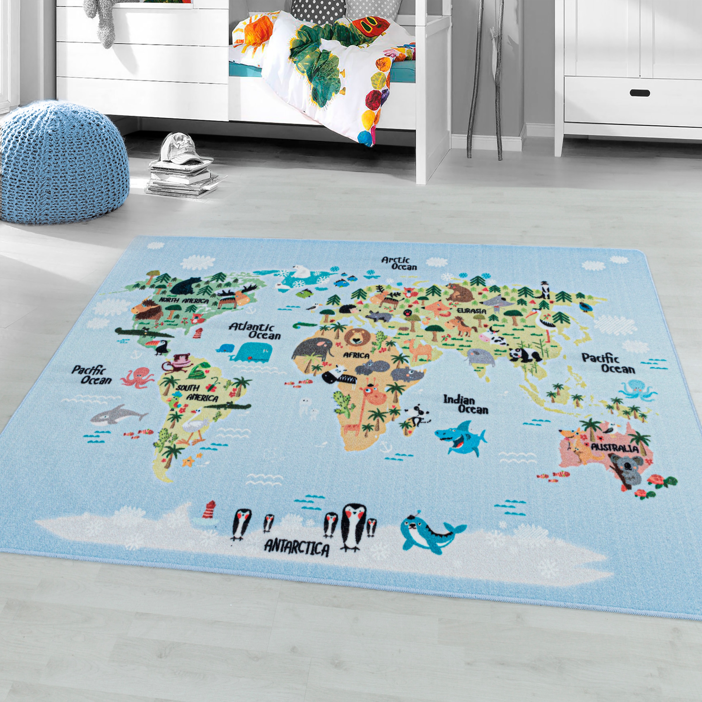Image of Ayyildiz Teppiche Kinderteppich "PLAY 2917" rechteckig 6 mm Höhe robuster Kurzflor, bunte Weltkarte, Weltmeere, Tiere, Kinderzimmer