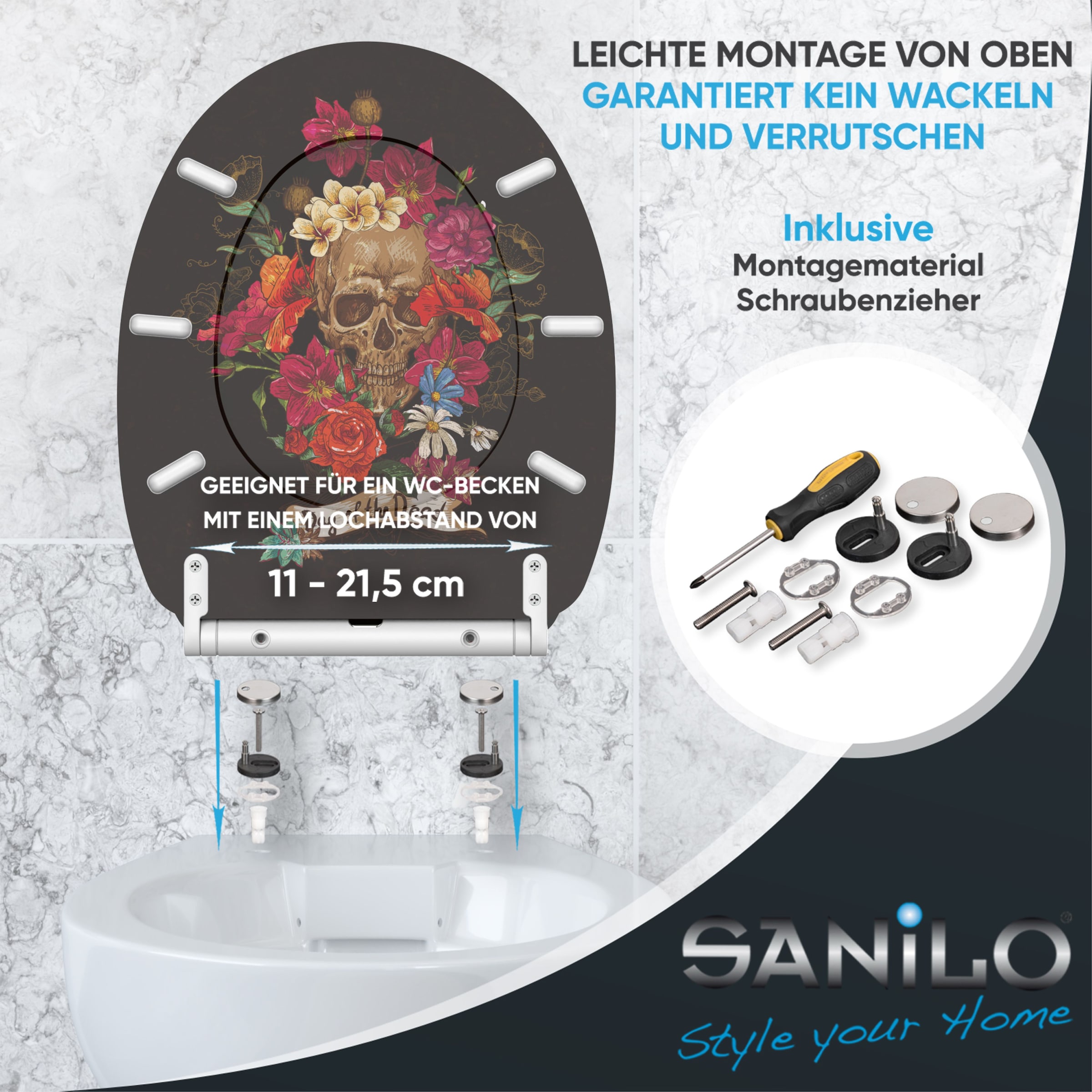 Sanilo Siège de WC »Day of the Dead mit Absenkautomatik & Quick Release« Premium Toilettendeckel, abnehmbar, leichte Montage von oben