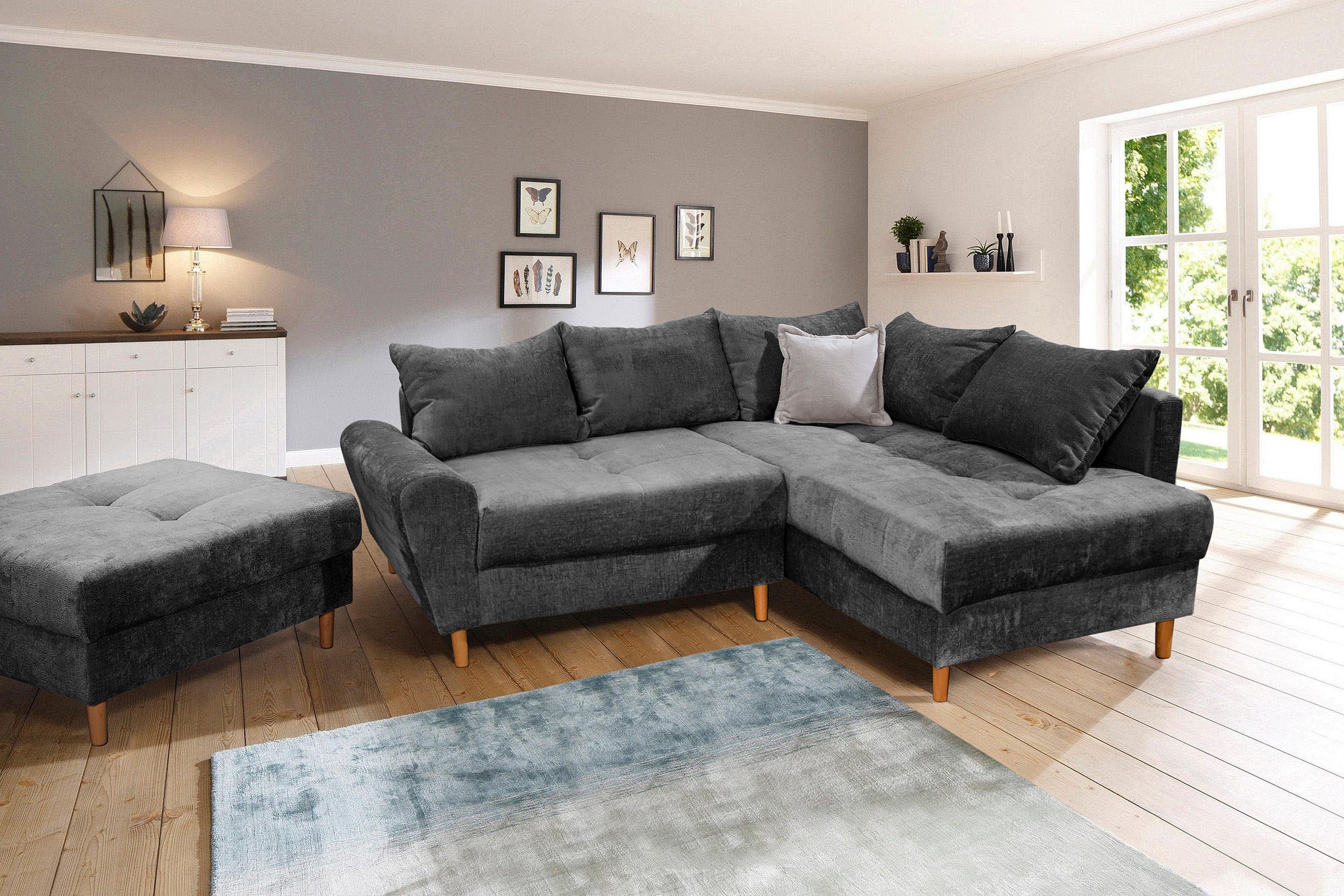 COLLECTION AB Ecksofa »Reims L-Form« Ottomane beidseitig montierbar, inkl. Bettfunktion und Hocker