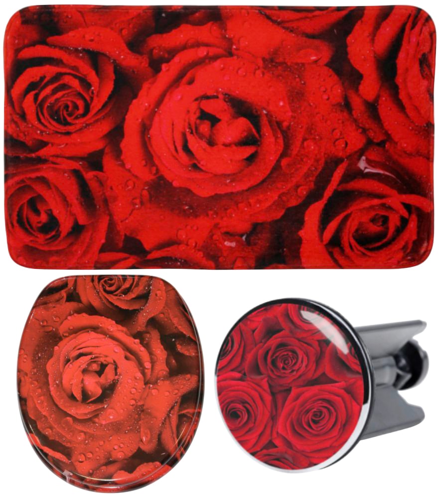 Image of Sanilo Badaccessoire-Set "Rosen" bestehend aus WC-Sitz, Badteppich und Waschbeckenstöpsel