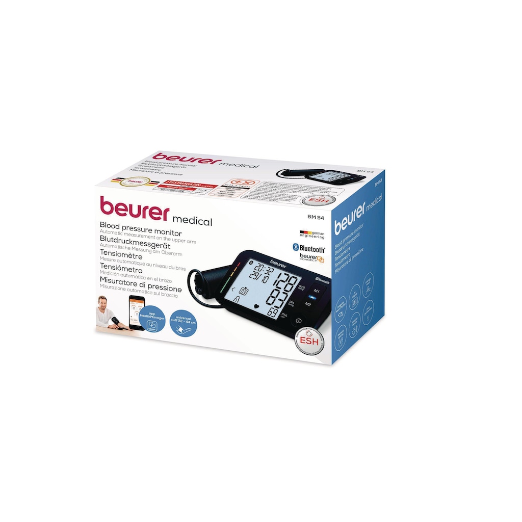 BEURER Oberarm-Blutdruckmessgerät »BM 54 Bluetooth«, Abschaltautomatik, Arrhythmie-Erkennung, Batteriewechselanzeige, Datum, Durchschnittsberechnung (letzte 7 Tage), Meldung bei Anwendungsfehlern, Messergebnis-Einstufung, Uhrzeit