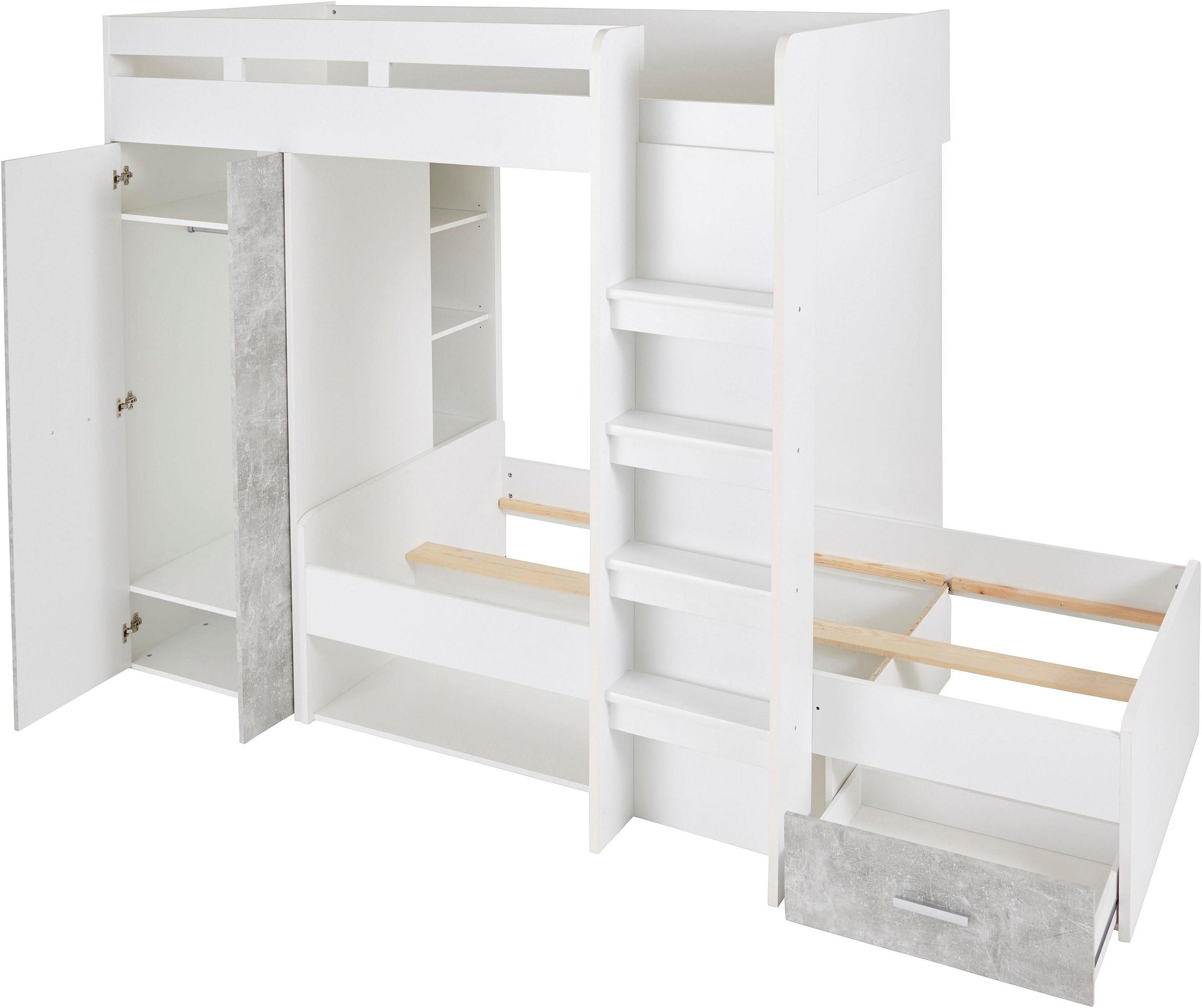 Begabino Hochbett »MAXI« mit 2 Liegeflächen, Kleiderschrank und Regalen