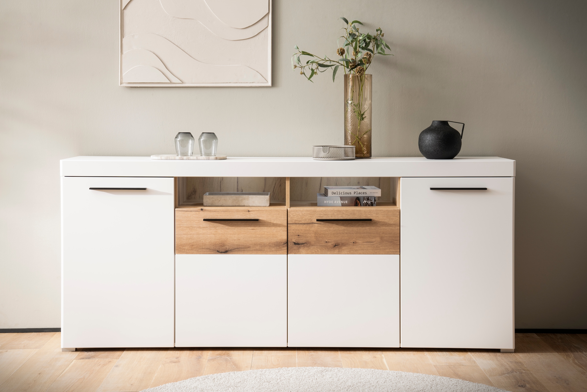 Sideboard »Salerno, moderner Schrank, Highboard in Weiss mit Eiche Evoke Dekor«,...