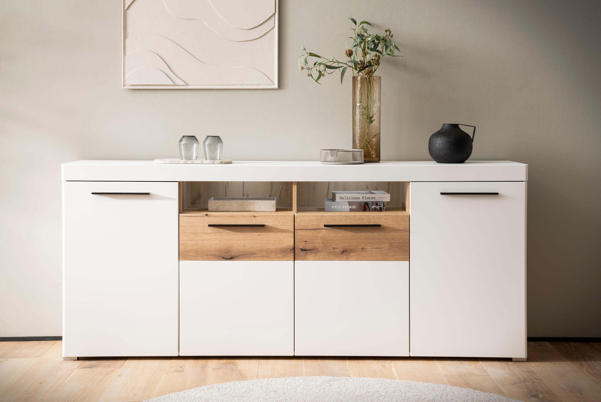 Image of Home affaire Sideboard "Salerno, moderner Schrank, Highboard in Weiss mit Eiche Evoke Dekor" Metallgriffe, ausreichend Stauraum, vielseitig einsetzbar, 205cm breit