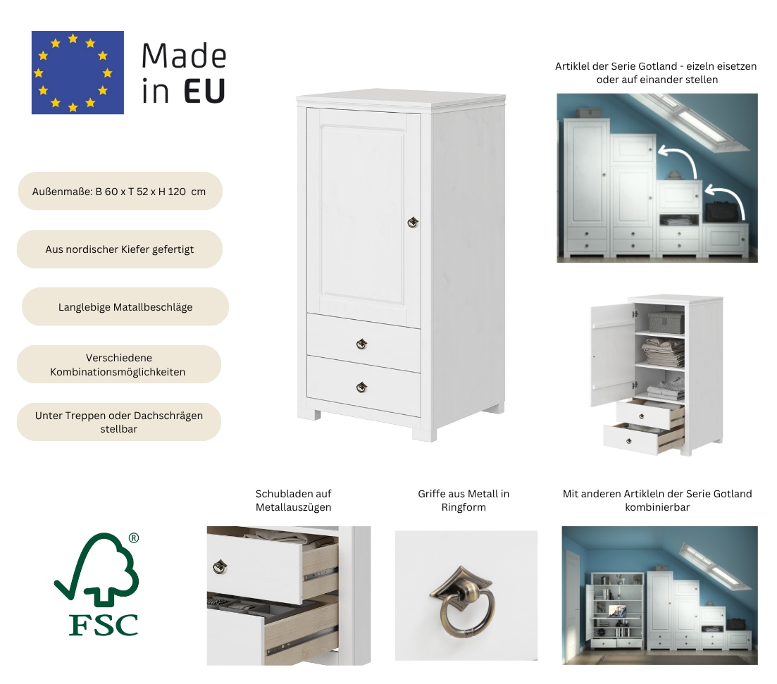GOODproduct Wäscheschrank »Gotland, Schrankmodulsystem, einzeln oder mit der Serie kombinierbar« massive Kiefer, variabel einsetzbar, auch für Dachschrägen