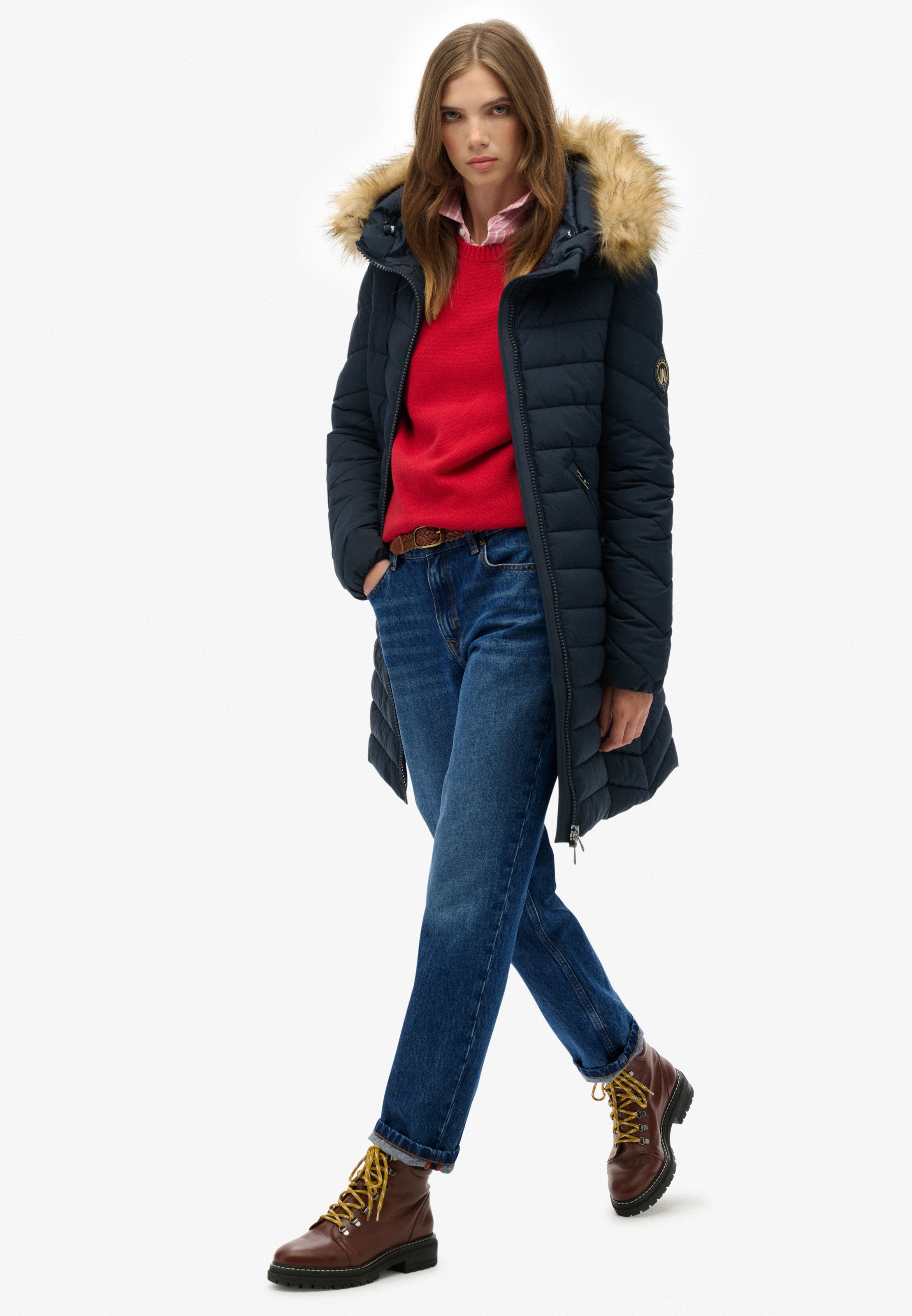 Superdry Steppjacke »FUJI FAUX FUR HOOD MID LENGTH«, mit Kapuze