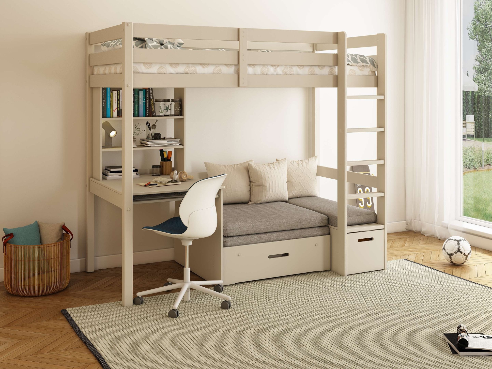 GOODproduct Etagenbett »HENNE' TOPSELLER! Hochbett, Ideal für kleine Räume, 2 Schlafplätze« zweiter Schlafplatz ausziehbar, B/H/T ca. 208/180/105cm,  mit Polsterauflagen, Schreibtisch, Stauraum, seitenverkehrt montierbar