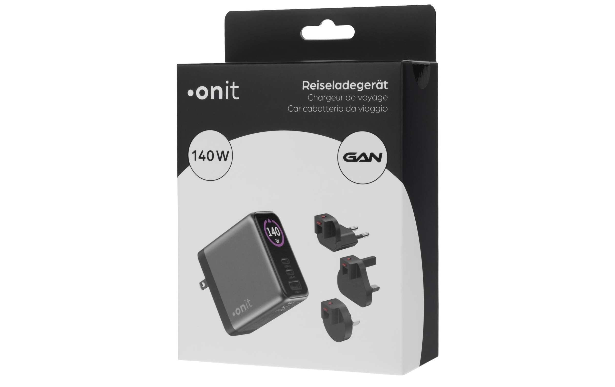 onit Chargeur USB »Travel 2C1A 140 W GaN« Chargeur de voyage avec adaptateurs interchangeables pour utilisation mondiale