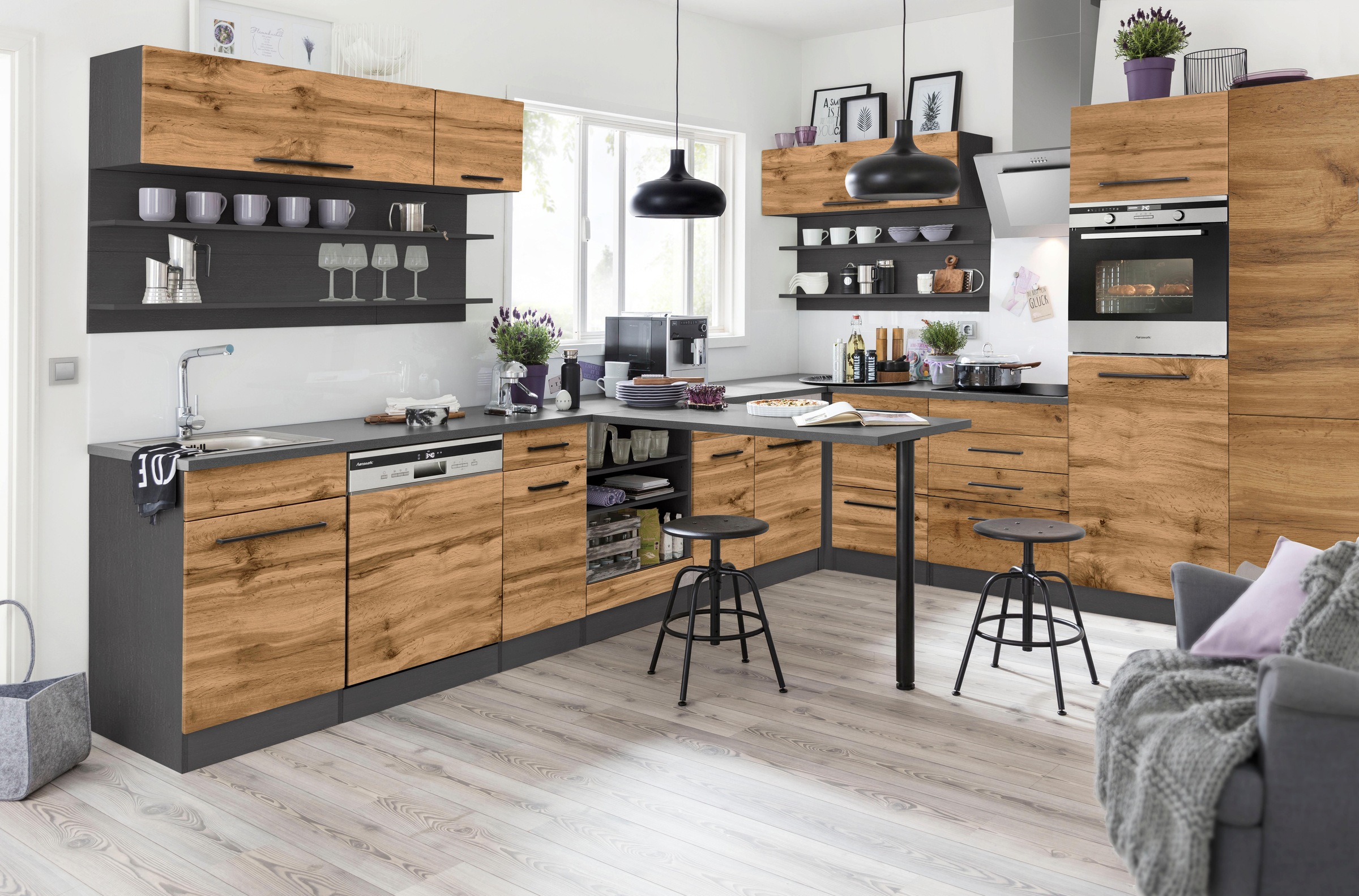 KOCHSTATION Kochfeldumbauschrank "KS-Tulsa" 60 cm breit, 2 Schubladen, 1 großer Auszug, schwarzer Metallgriff