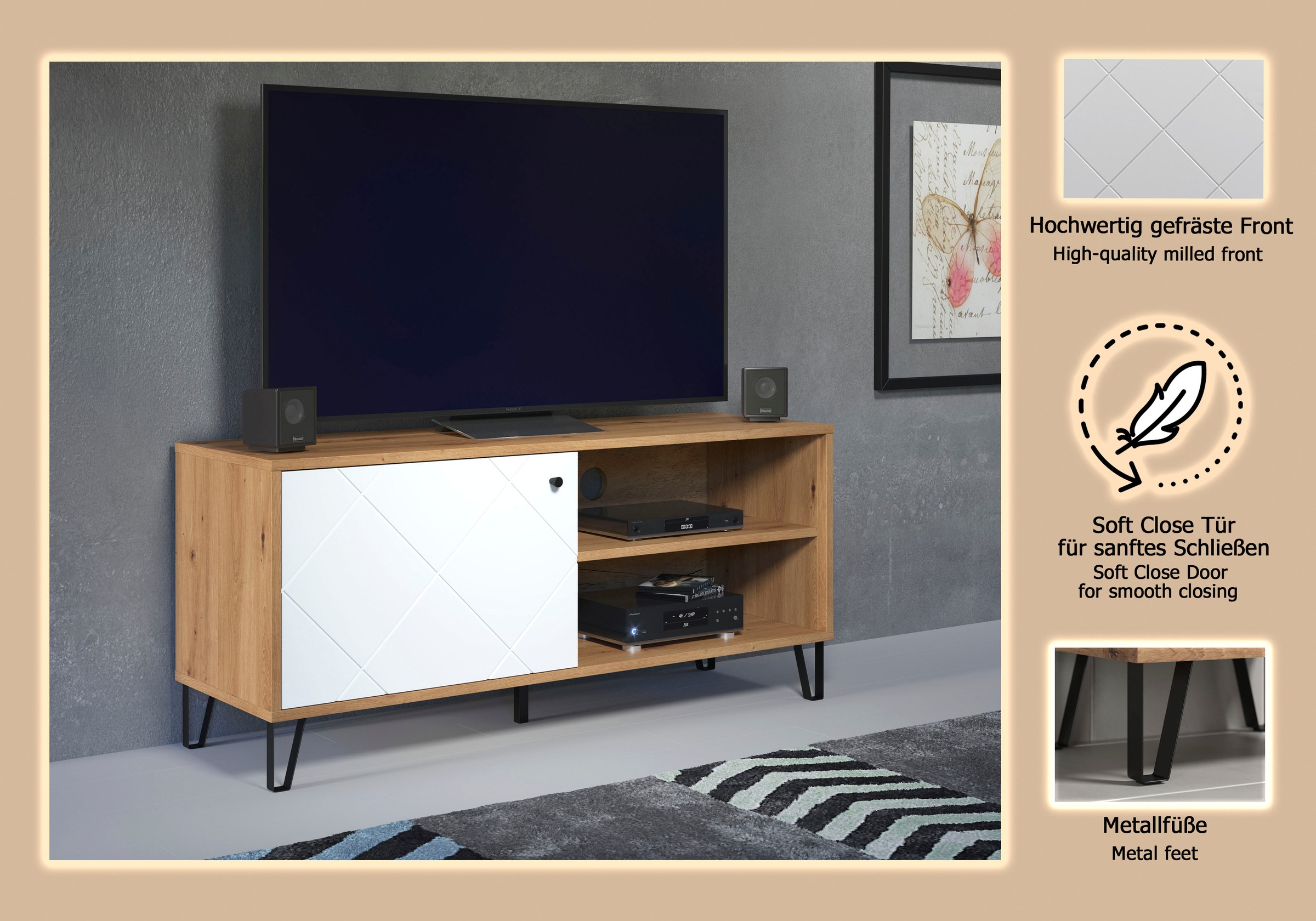 PLACES OF STYLE Lowboard »Tarragona TV-Kommode« TV-Unterteil mit 1 Tür & 2 Fächern - (B/T/H) 123/40/56 cm