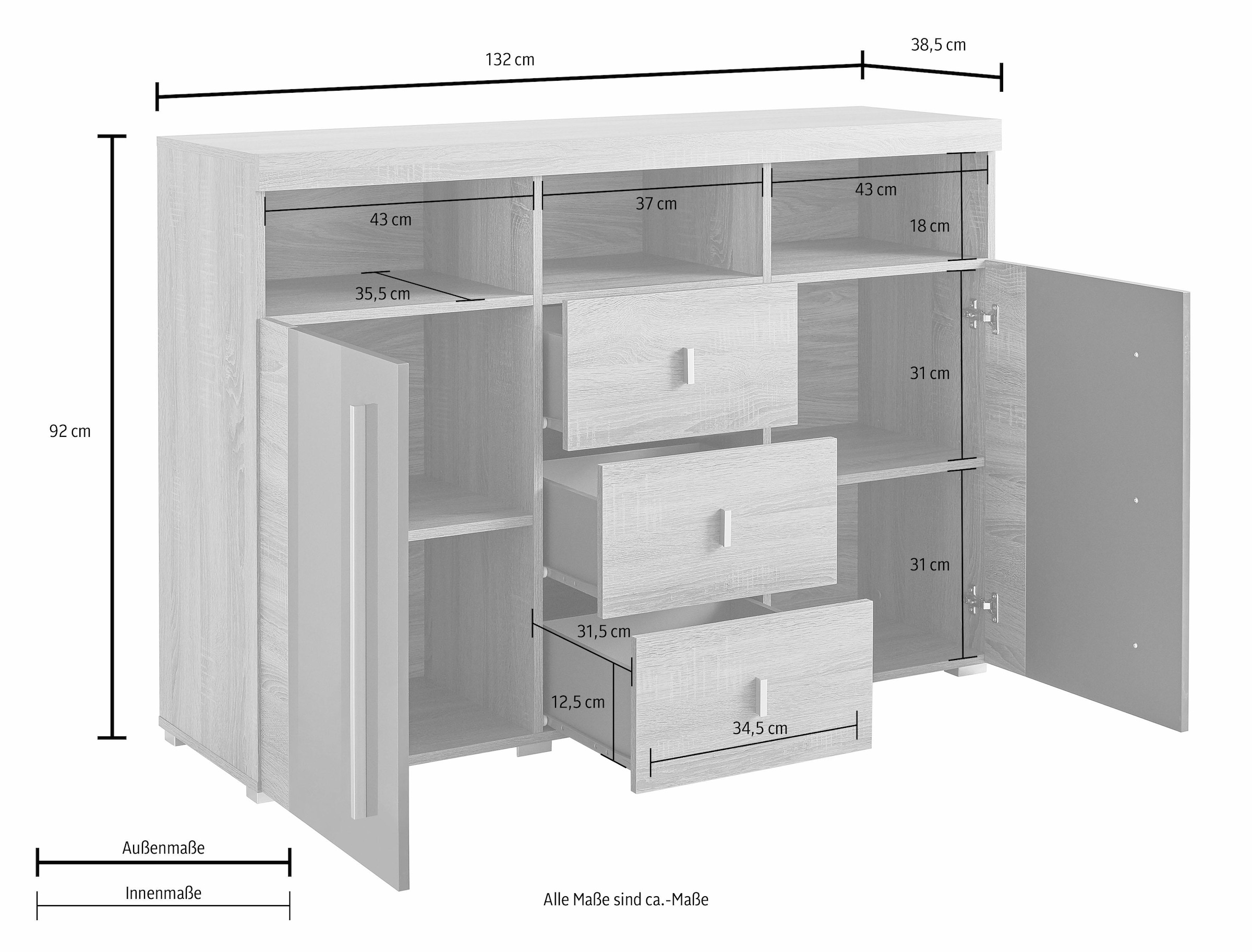 INOSIGN Sideboard »Roger,Breite 132cm, stilvolle Schrank, 2 Holztüren 3 Schubladen«, Kommode mit viel Stauraum, Einlegeböden verstellbar