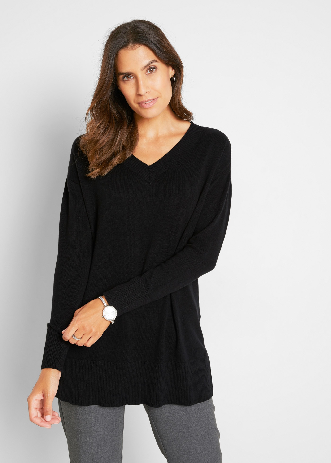 Image of bonprix Longpullover "Long-Pullover" Feinstrick-Baumwollmischung, mit V-Ausschnitt, mit Seitenschlitzen