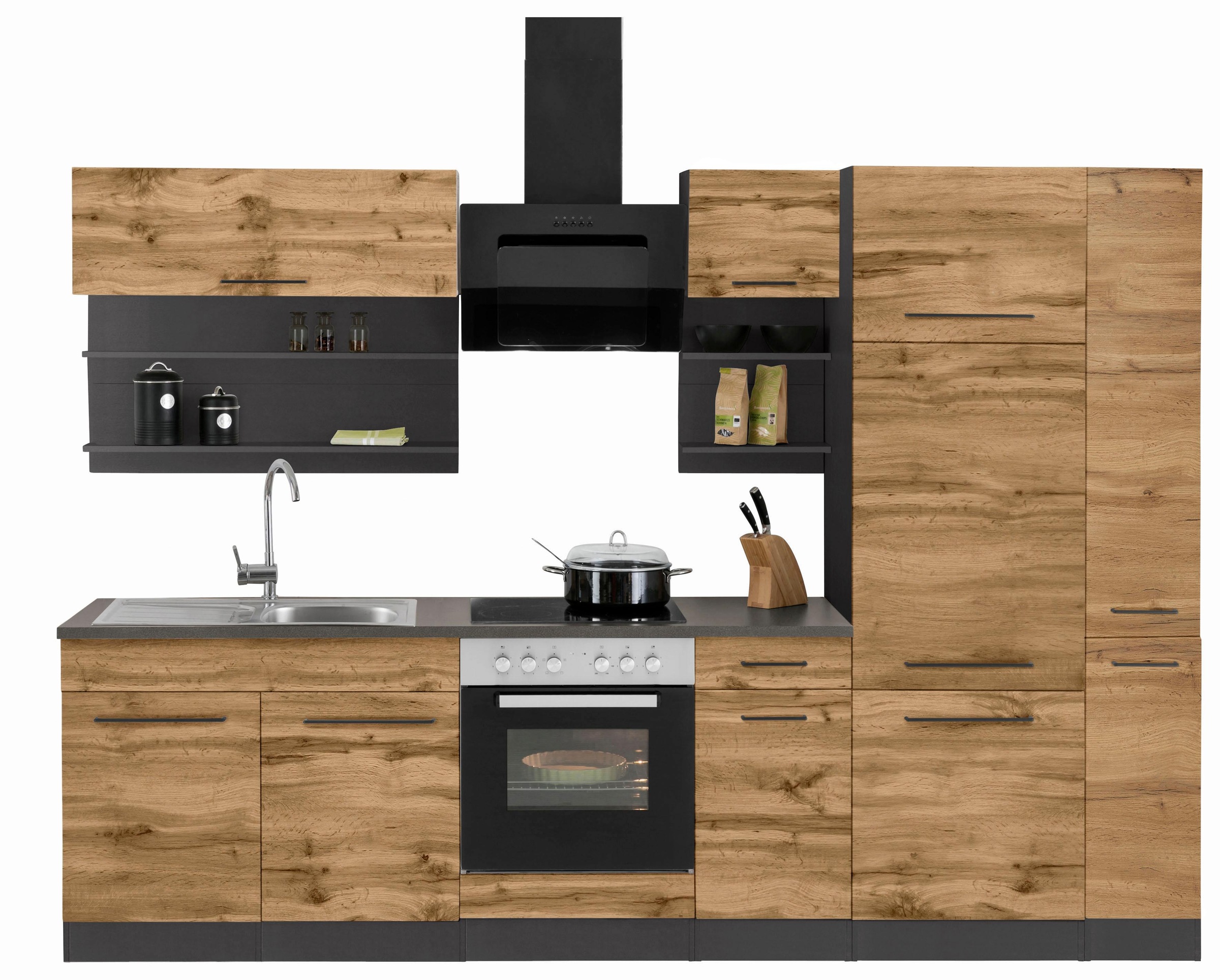 KOCHSTATION Küchenzeile "KS-Tulsa" ohne E-Geräte, Breite 300 cm, schwarze Metallgriffe, MDF Fronten