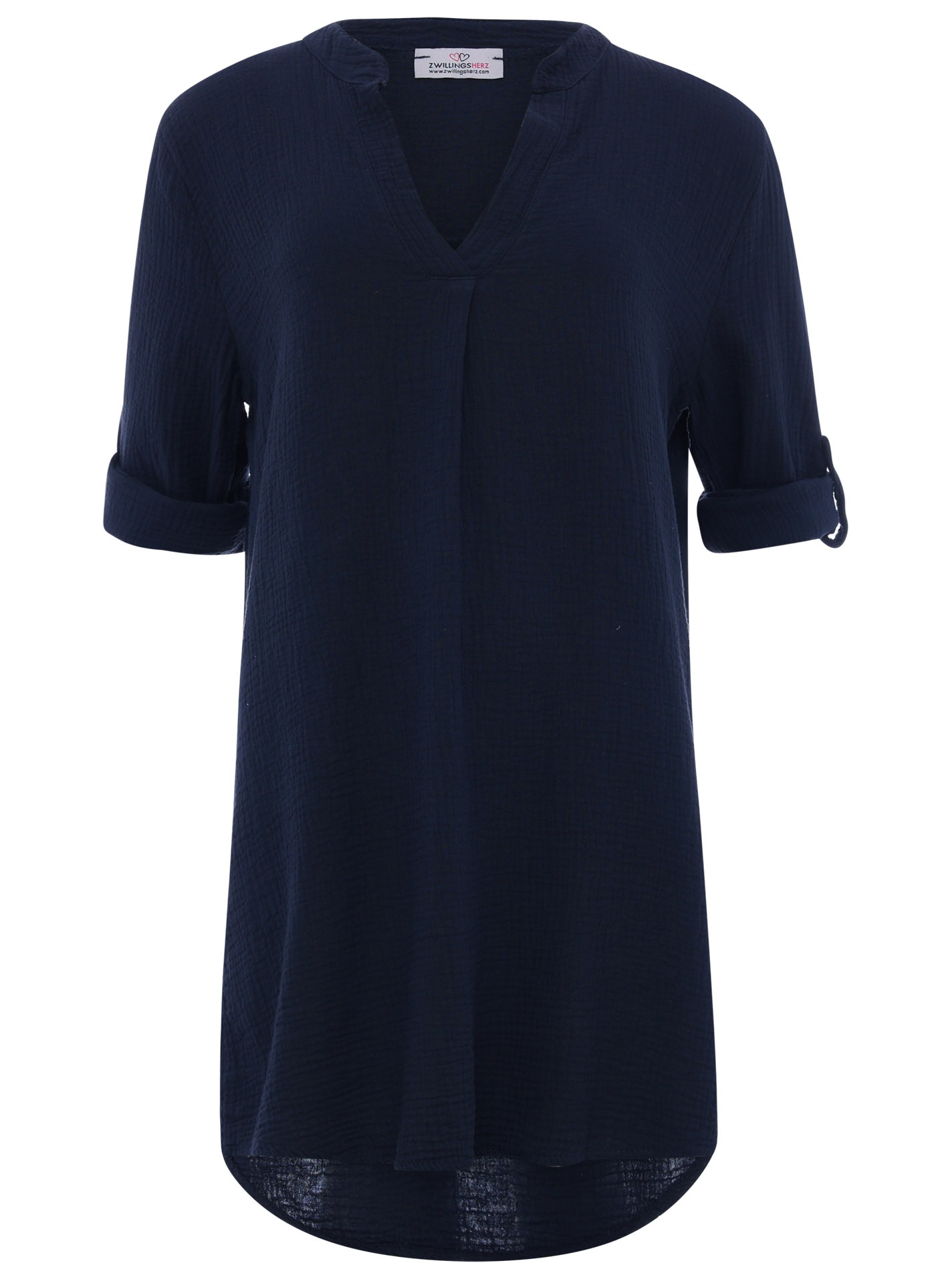 Zwillingsherz Blouse à enfiler »"Rom"« verlängerte Rückenpartie, V-Neck, Turn-Up Ärmel, Musselin