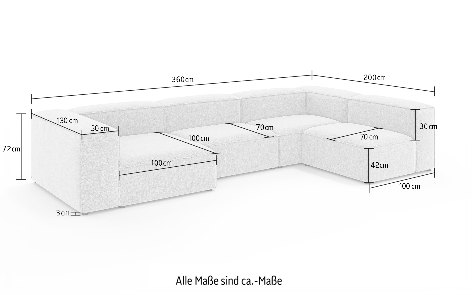INOSIGN Wohnlandschaft »HAILY U-Form mit Ottomane links/rechts, Masse B/T/H: 360/200/72 cm«, als Modul oder separat verwendbar, für individuelle Zusammenstellung