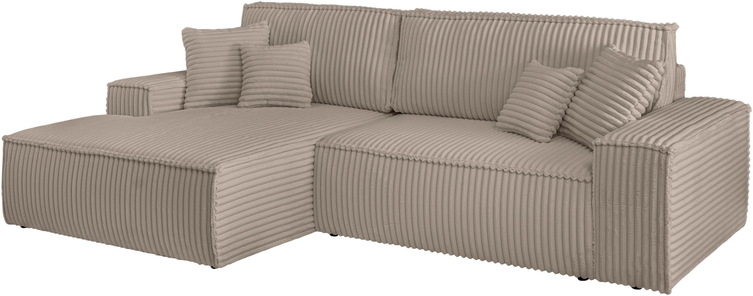 andas Ecksofa »Finnley Schlafsofa 267 cm in Bouclé, Struktur fein u. Cord, L-Form,«, Schlaffunktion m. Bettkasten (136/210 cm), Bouclé, Struktur und Cord