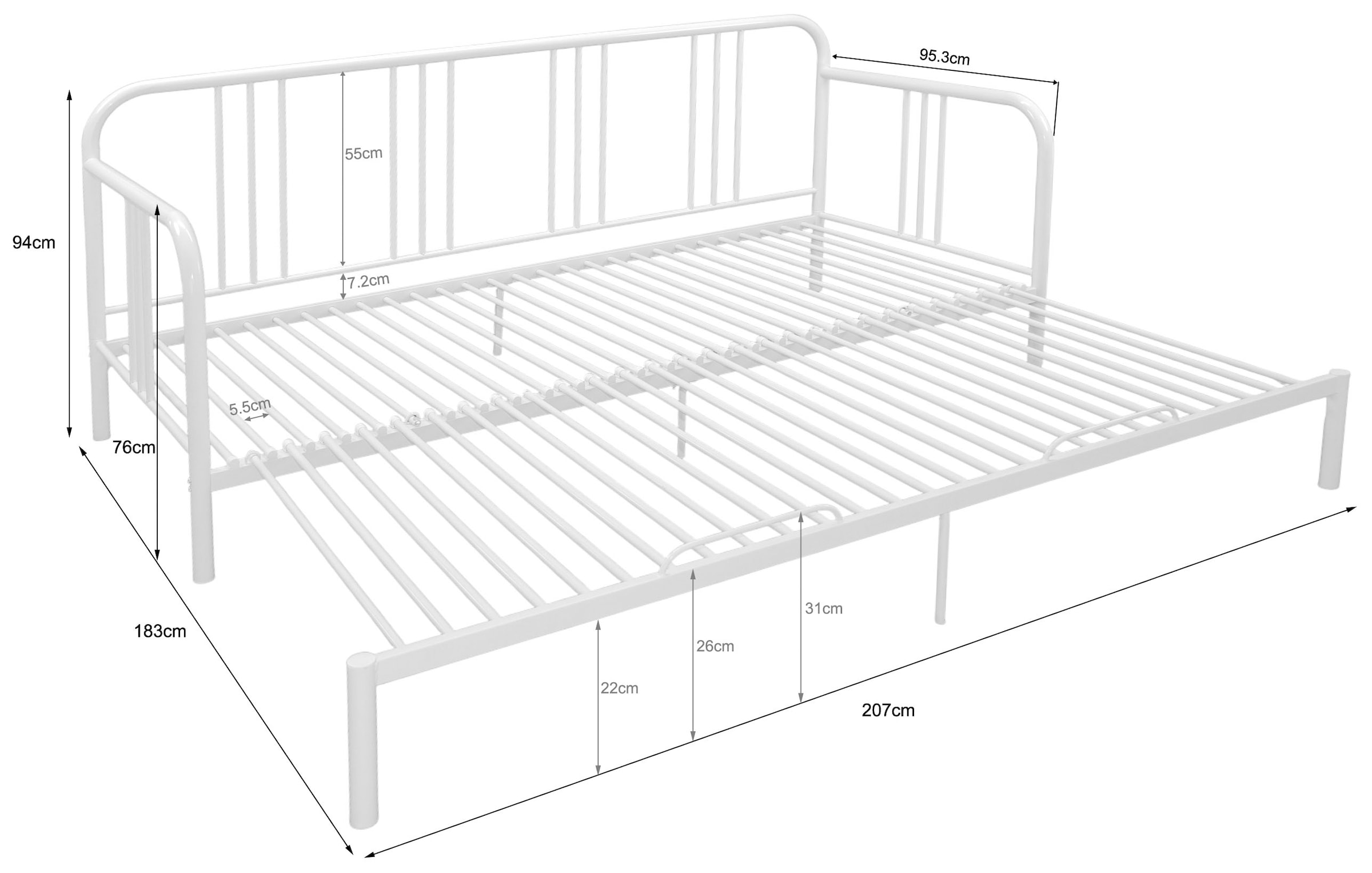 GOODproduct Lit en métal »Trento Bett Bettgestell Bestseller Doppelbett Ausziehbett« Bestseller Gästebett Sofabett Schlafzimmer,  Daybett mit Ausziefunktion im Landhausdesign weiss